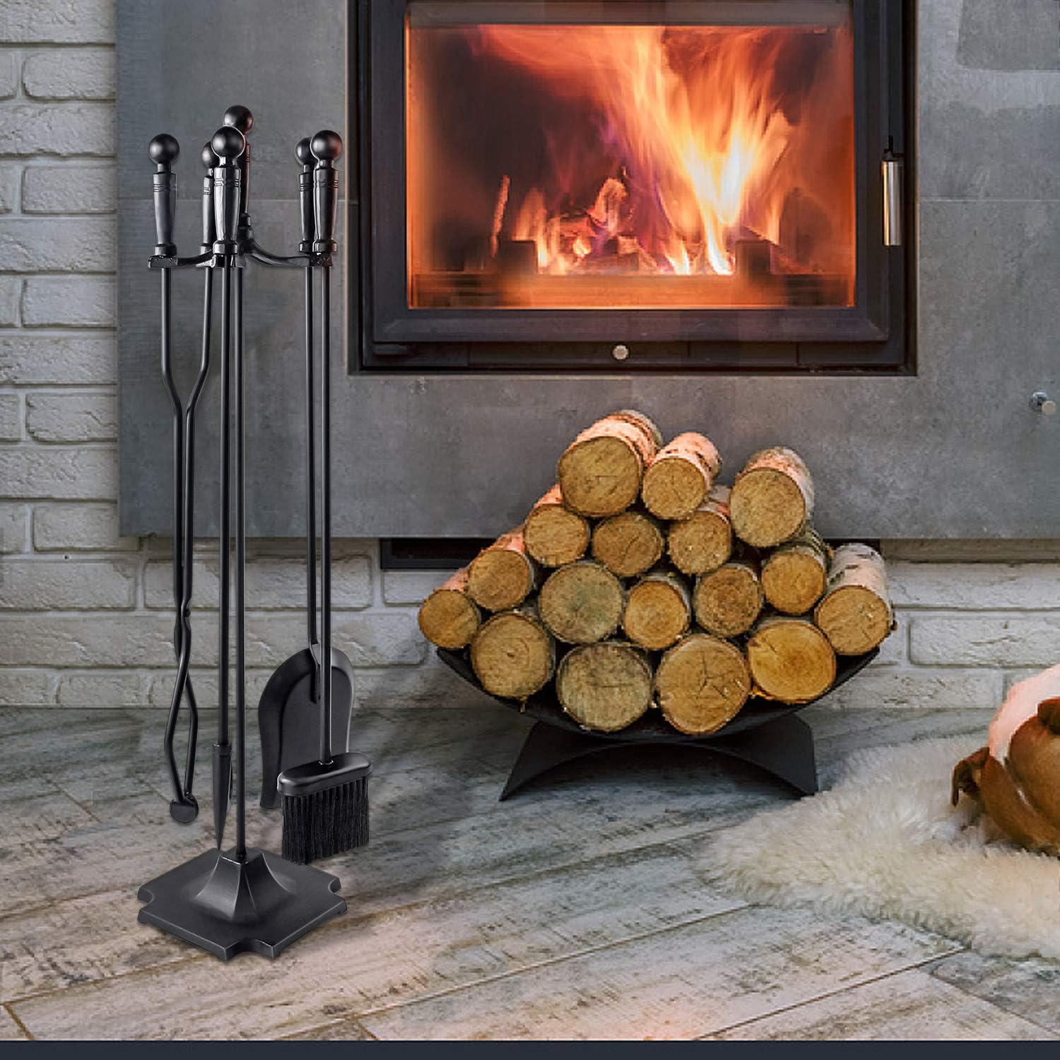 Best Deal Cheap 🛒 WBHome Fireplace Tools Set 5 Pieces Wrought Iron Fireset Fire Pit Poker Wood Stove Log Tongs Holder Fireplace Tool Set With Pedestal Place, 32 Inch (Black All)