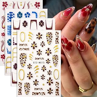 French Tip Nail Stickers 3D Self Adhesive Nail Decals 4PCS Red Blue Brown Flower Spot Nail Art Stickers Autumn Winter Nails Design Sticker Nail Supplies for Women DIY Manicure Decoration