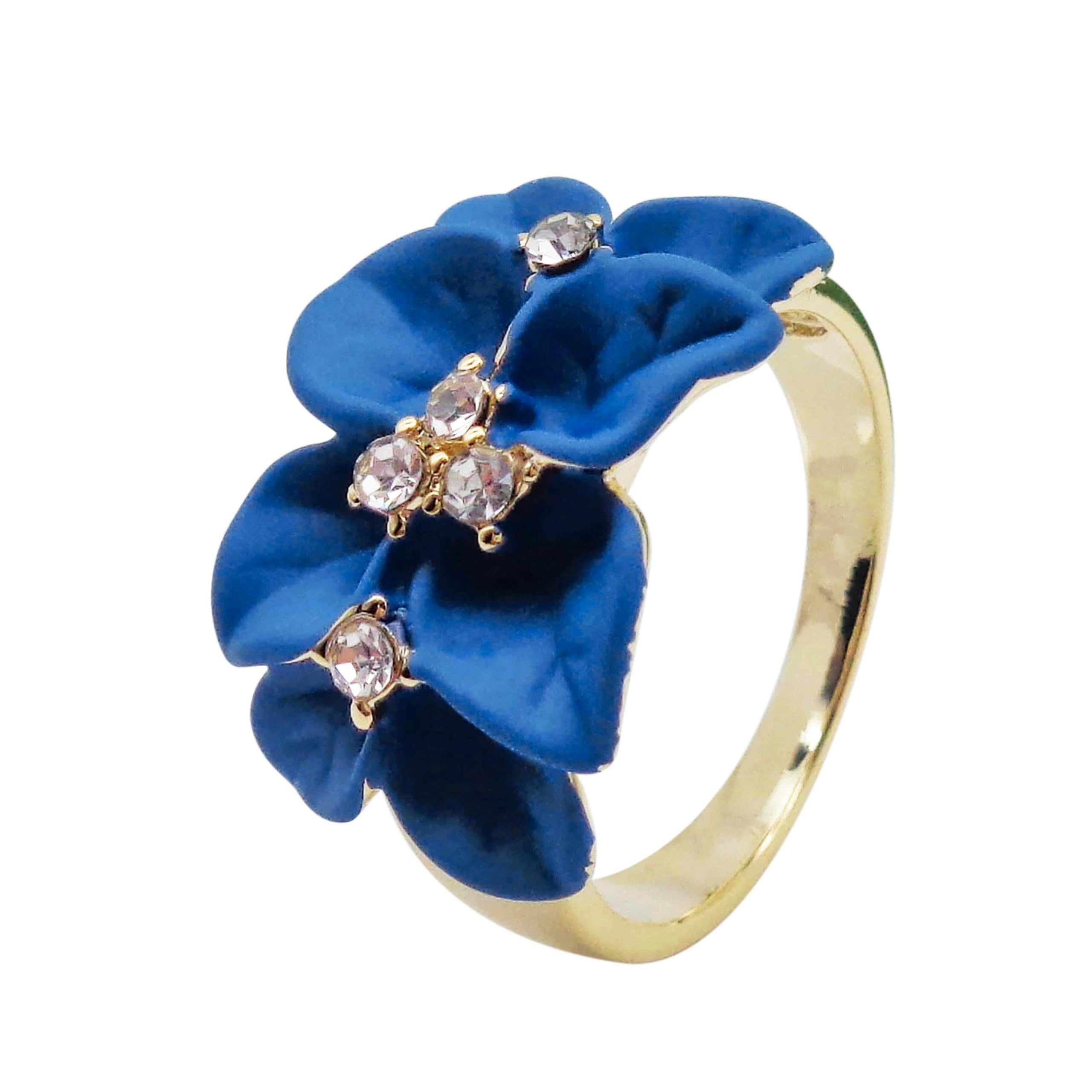 Navachi 18k Gold Plated Clear Crystal Enamel Leaves Flower Ring