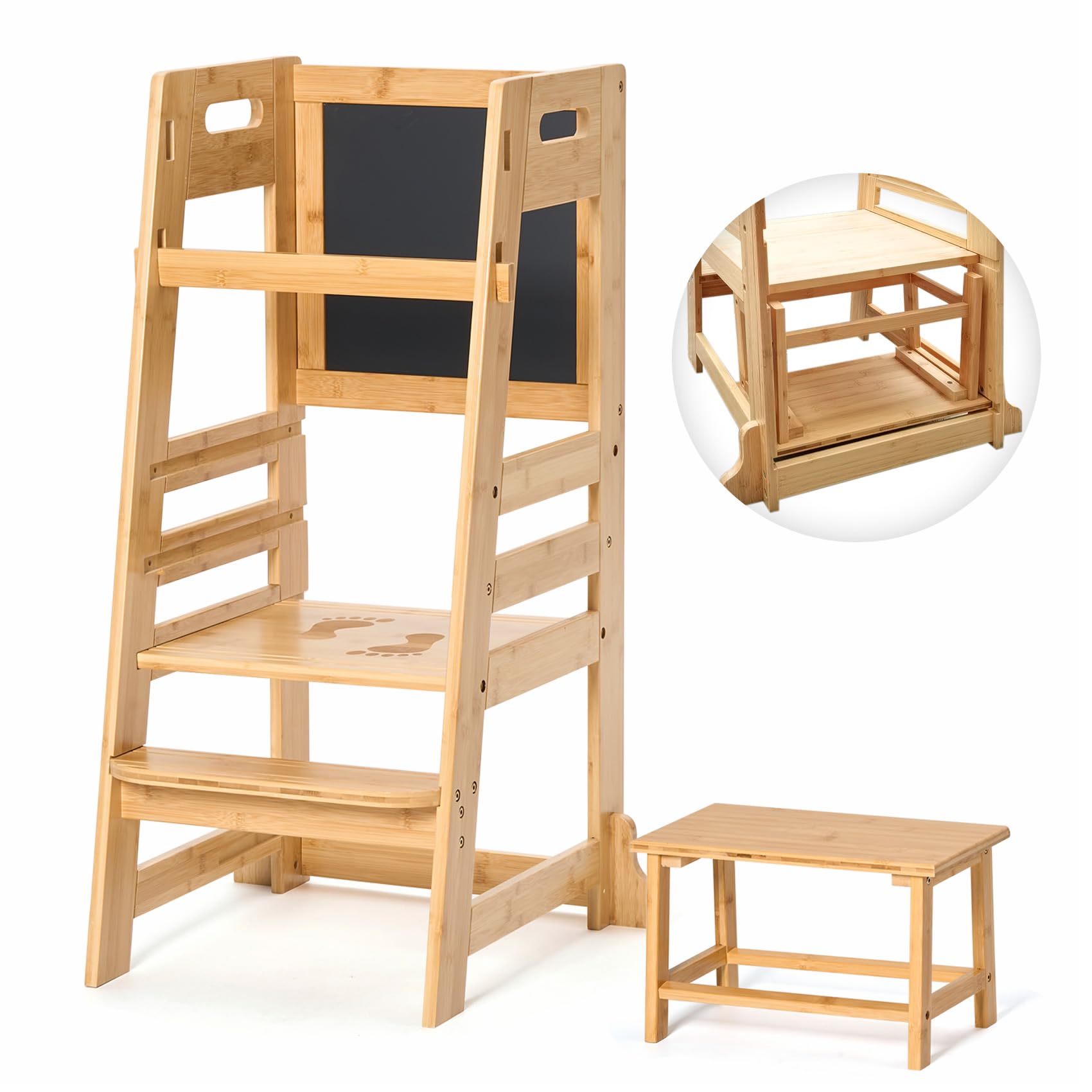 UNICOO Height Adjustable Step Stool with Extra Stool | Toddler Climber | Helper Tower for Toddlers | Activity Chalkboard Kitchen Step Stool | Safe and