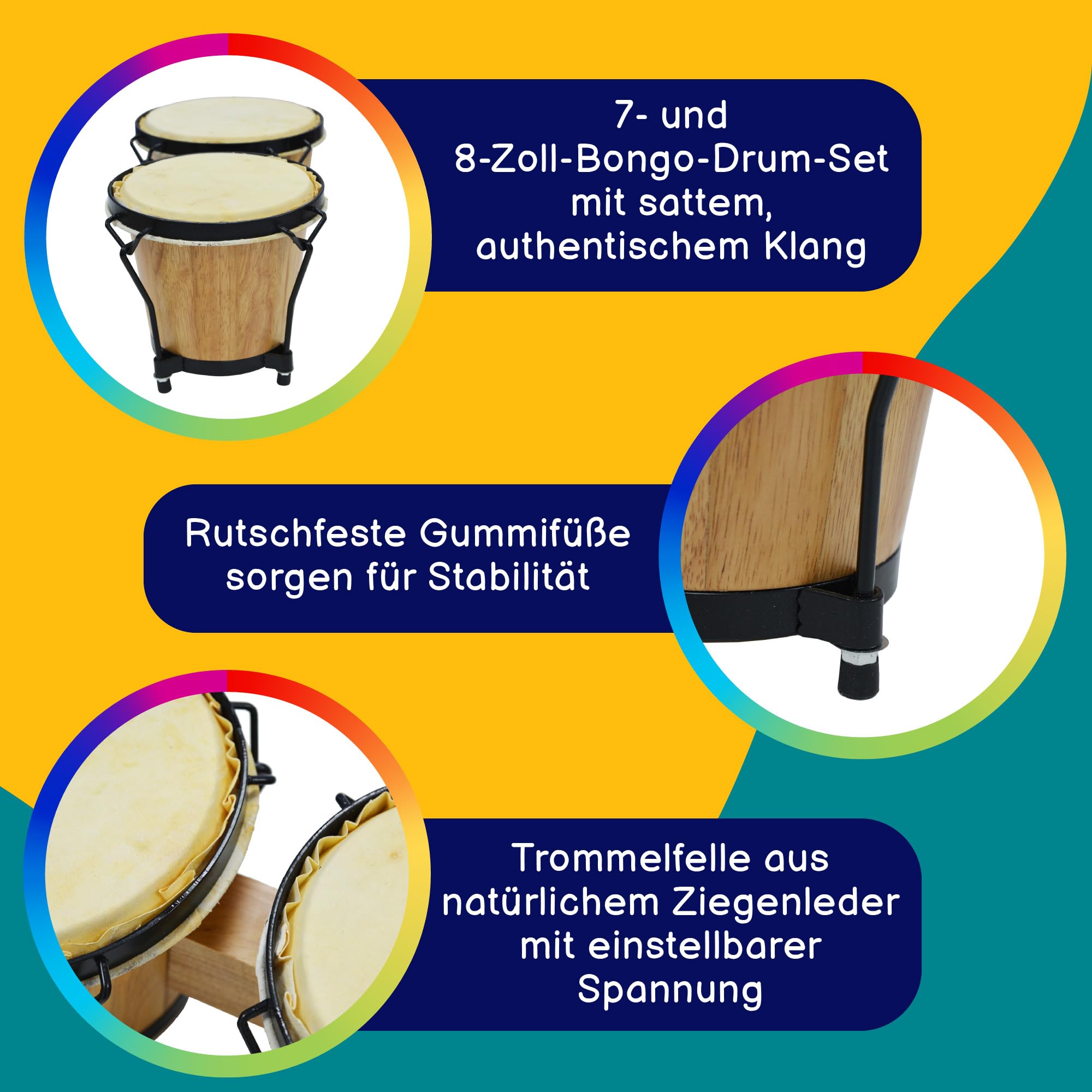 A-Star 7" Zoll & 8" Zoll Bongotrommel-Set – Massivholz mit Fellen aus Naturfell und Stimmschlüssel