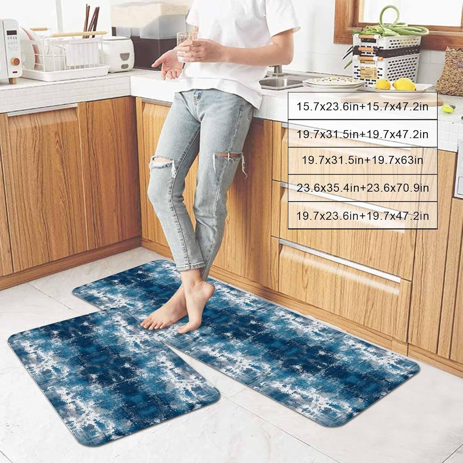 Prime Leader Abstract Blue Ocean Kitchen Mat Set 2 Pieces Country Vintage Nautical Coastal Sea Beach Waves Non Slip Kitchen Rugs Washable Runner Rug Mats for Sink Laundry (19.7" x 31.5"+19.7" x 63")