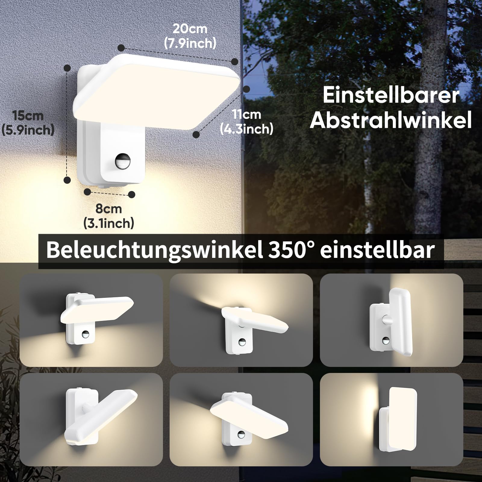 Brightower 24W Zewnętrzna lampa ścienna z czujnikiem ruchu, IP65 Zewnętrzna lampa ścienna LED wykonana z aluminium z obrotowym panelem LED, ciepła biel 3000K Zewnętrzna lampa ścienna,Biały