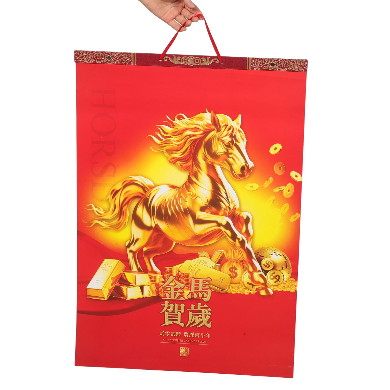 PLAFOPE Calendario de Pared 2026 del Año del Caballo Calendario Lunar Mensual con Fases Lunares Color Rojo Decoración Feng Shui para Oficina Hogar y Escuela