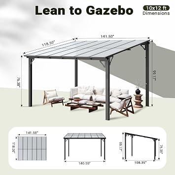 10'x12' Lean to Gazebo with Aluminum Frame
