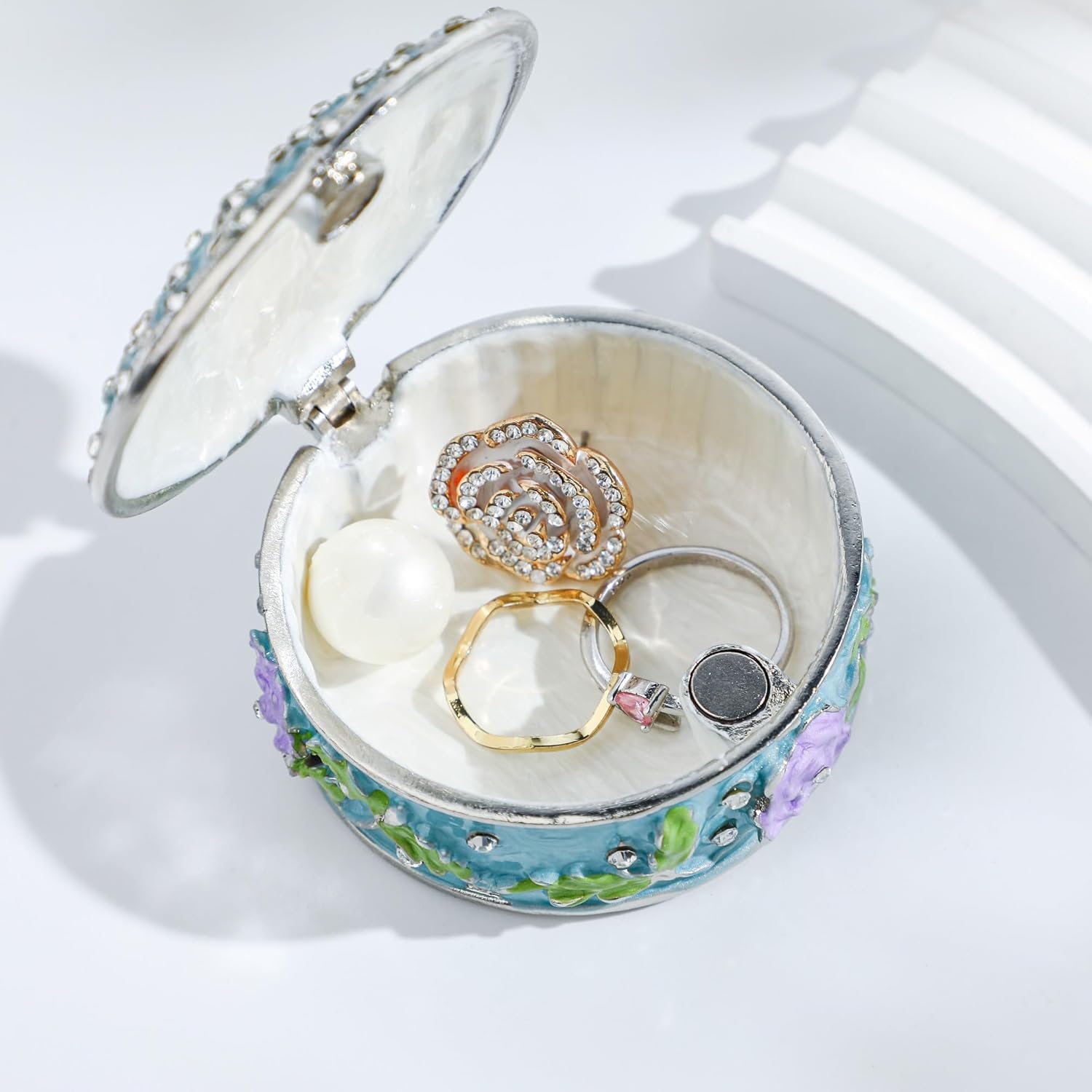 YU FENG 2.1inch Small Vintage Round Trinket Box Hinged Trinket Boxes Jeweled Ring Box Jewelry Trinket Box Gift for Girl Women Christmas Gift - Image 4