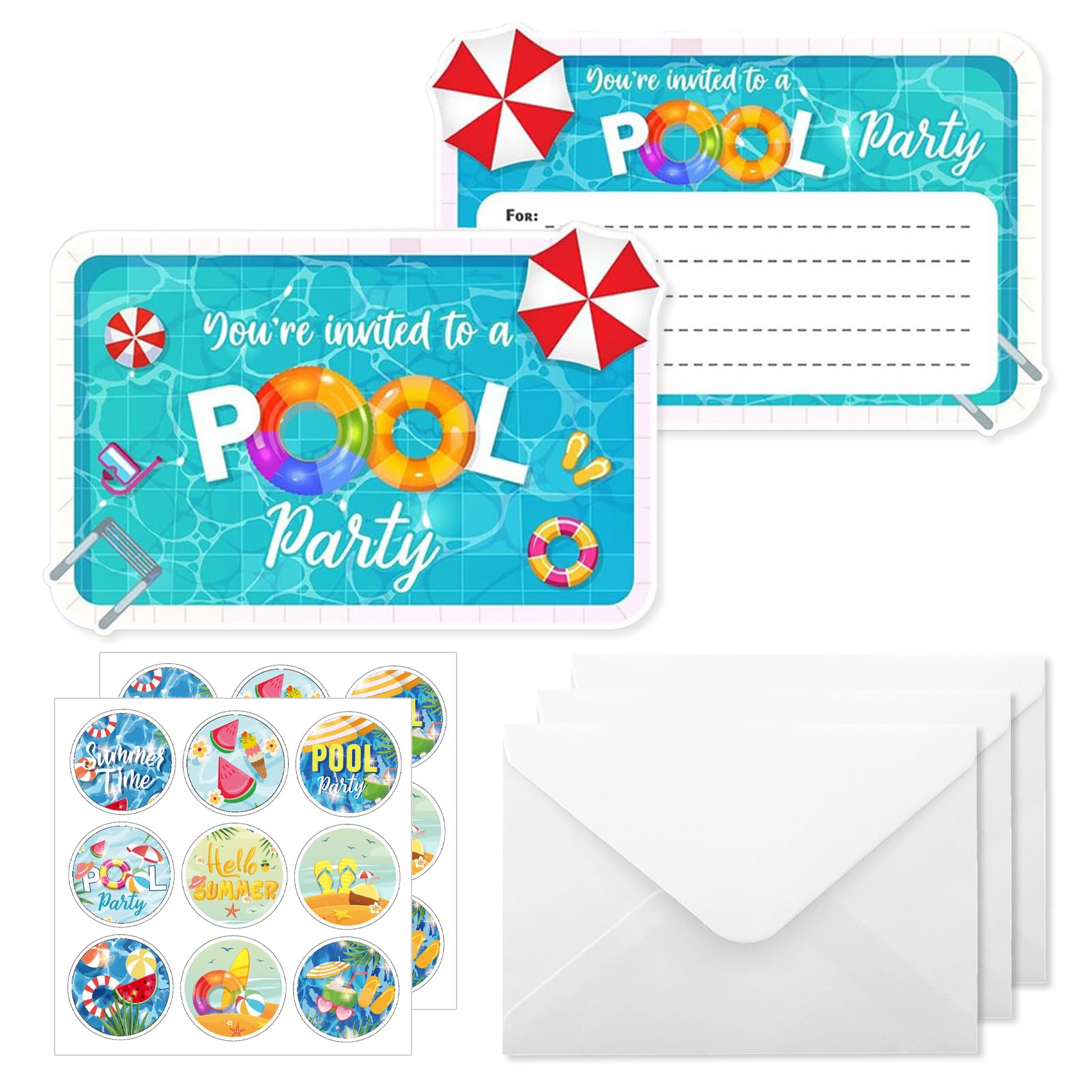 IHCEMIH 12 Pack Party Invitations Kids, Birthday Invites Card Girls Pool Party Invite Summer Childrens Paper Invitation Cards with 12 Envelopes and Stickers for Children Boys Girls UK — image 1