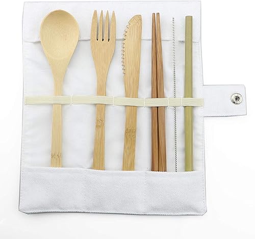 Miniatura 6 de JASHII Juego de 2 cubiertos ecológicos de madera con cuchara de bambú reutilizable, tenedor, cuchillo, palillos, paja de bambú y limpiador de paja