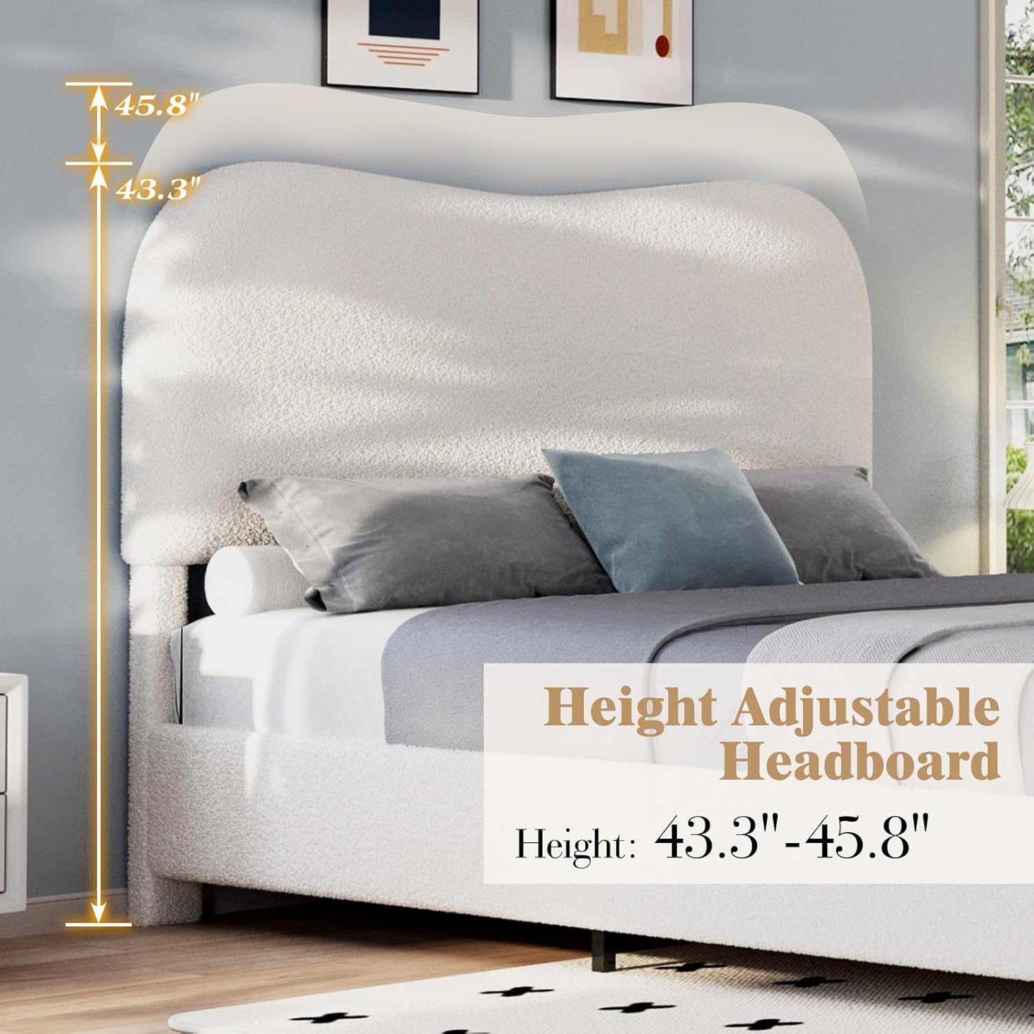 Boucle Upholstered Bed Frame, Platform Design with Curved Headboard and Soft Rounded Corners, Noise-Free, Easy to Assemble, Queen Size, Off-White