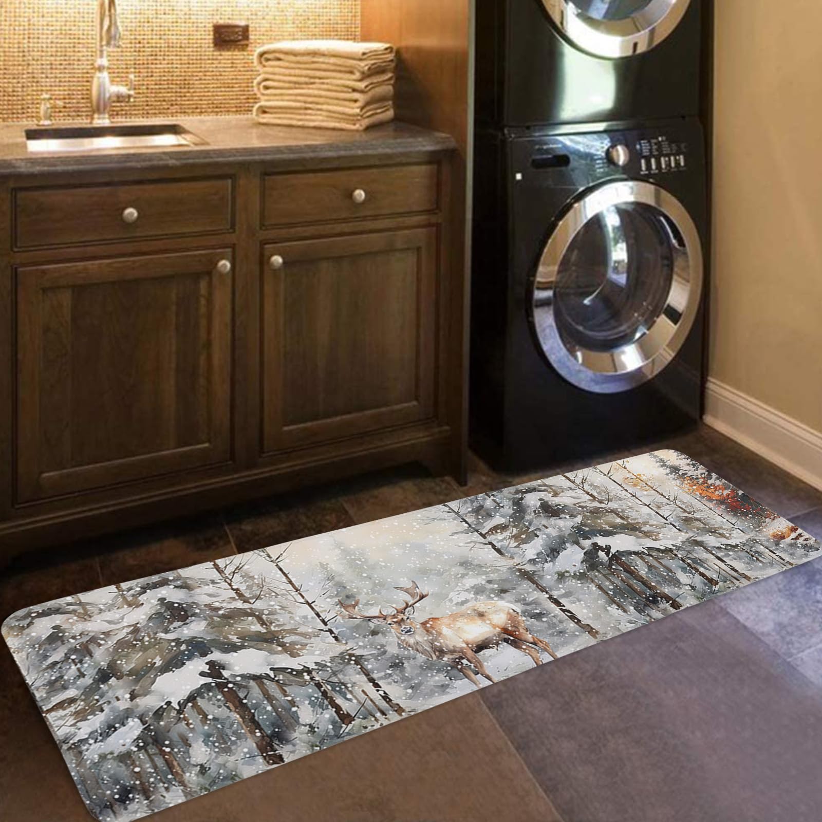 Libaoge Christmas Kitchen Mat Rug 1 PCS Watercolor Elk and Tree Farmhouse Runner Rug Anti-Fatigue Comfort Memory Foam Standing Mat Non-Slip Floor Door Mat for Bathroom Bedroom 20x63in