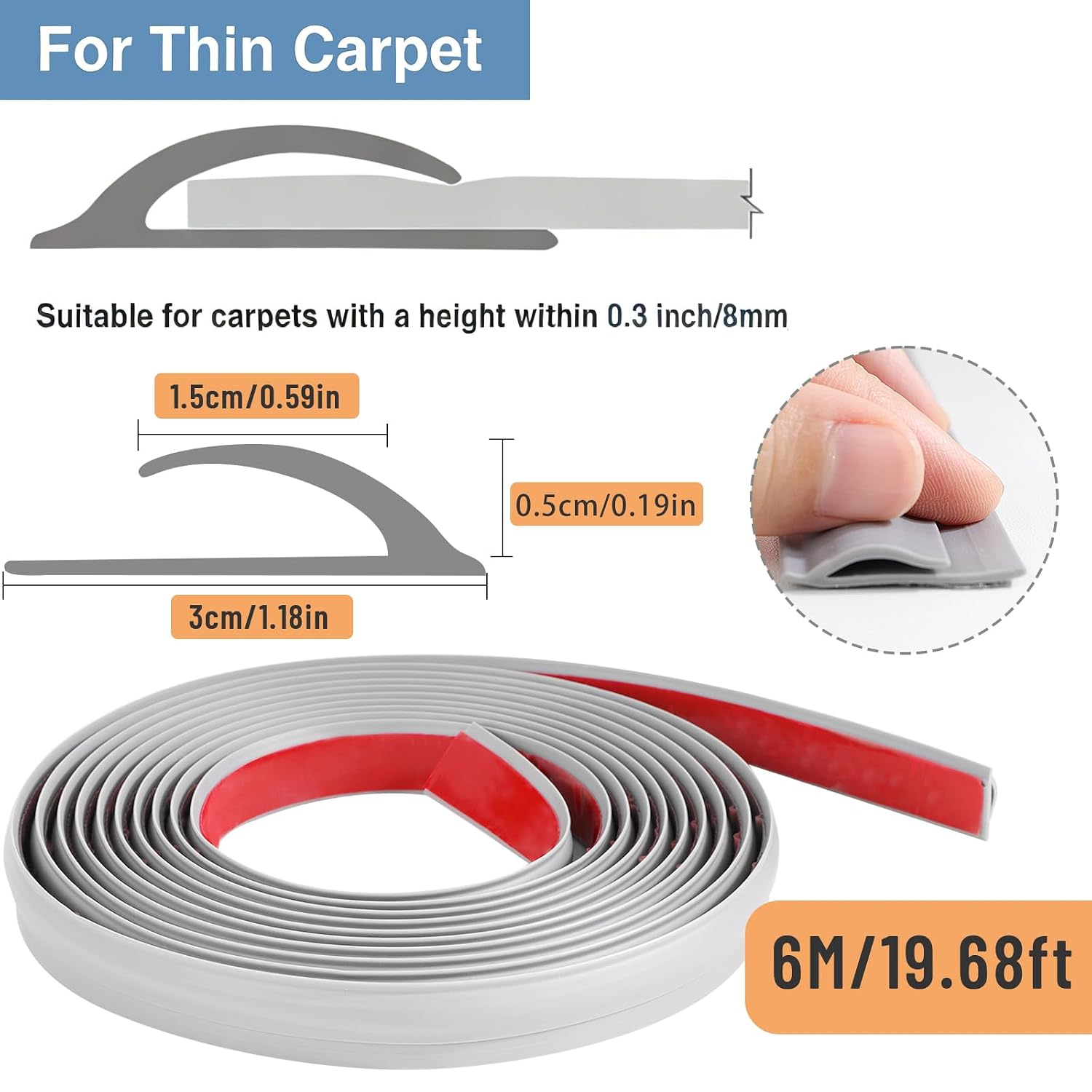 19.6 Ft Self-Adhesive Floor Transition Strip, Carpet Edge Trim & Rug Gripper, Rubber Threshold Ramp for Doorways, Carpet to Tile/Wood/Laminate Flooring Reducer, Anti-Curling Binding Strip (Gray)