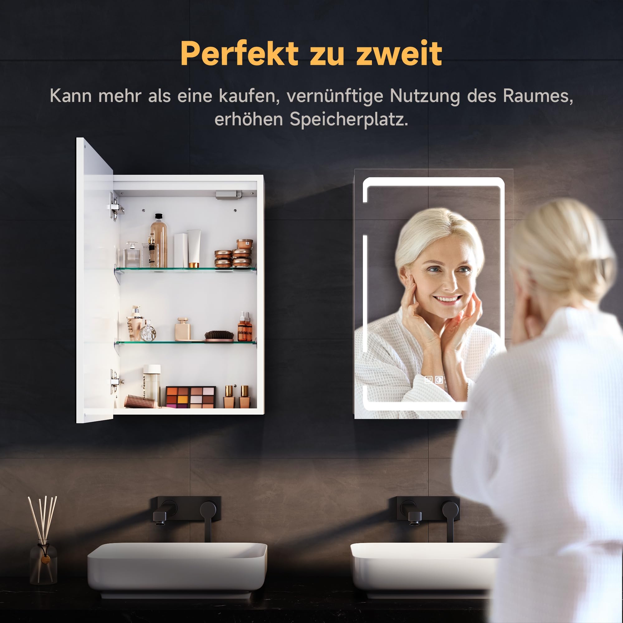 SONNI Szafka łazienkowa z lustrem LED, 60 x 38 cm, metalowa szafka z lustrem z dotykowym włącznikiem, 3 kolory światła + defogging, bezprzewodowy zawias, biała, łazienka, szafka medyczna