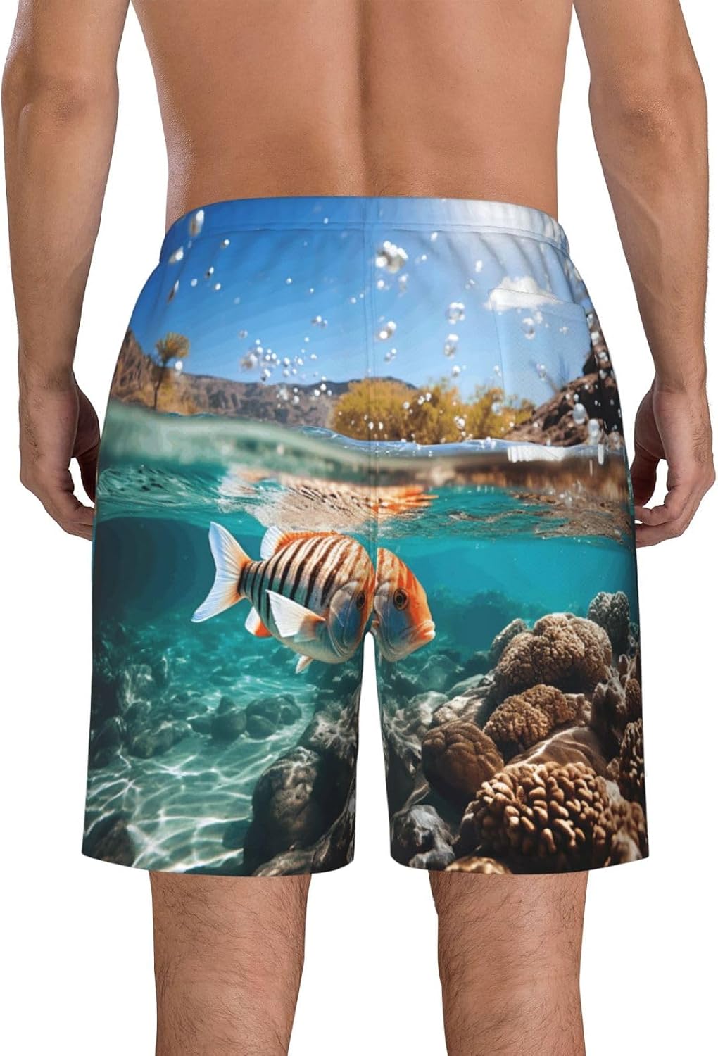 Ocean Tropical Fish Print Mens Casual Shorts Drawstring Summer Beach Stretch Shorts Novelty Swimtrunks