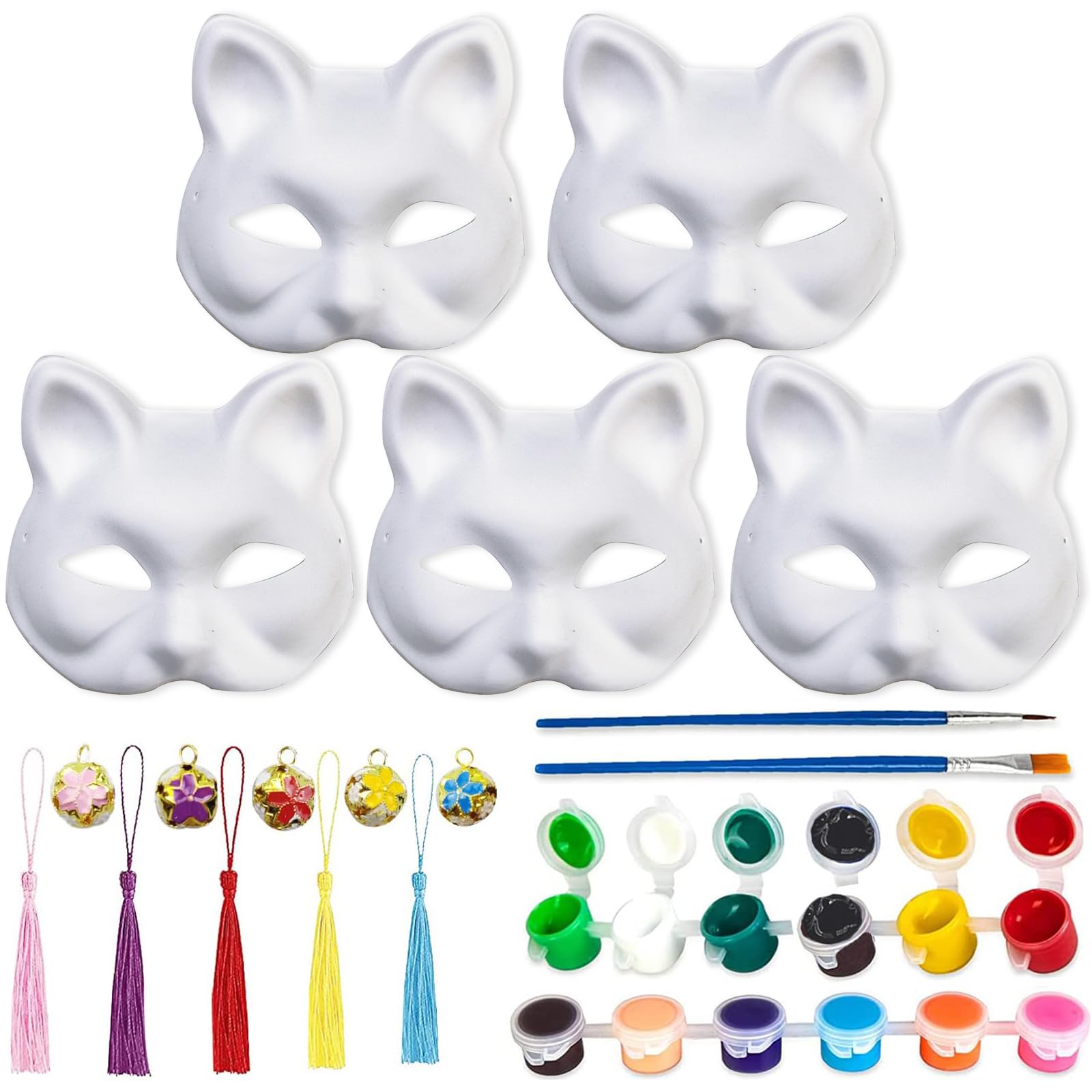 ZQuintuplian 5 Pack Cat Mask, Blank Therian Mask, DIY White Mask With Paints Brushes Bells Tassels for Cosplay Halloween Dance Party Festival Performance White Mask