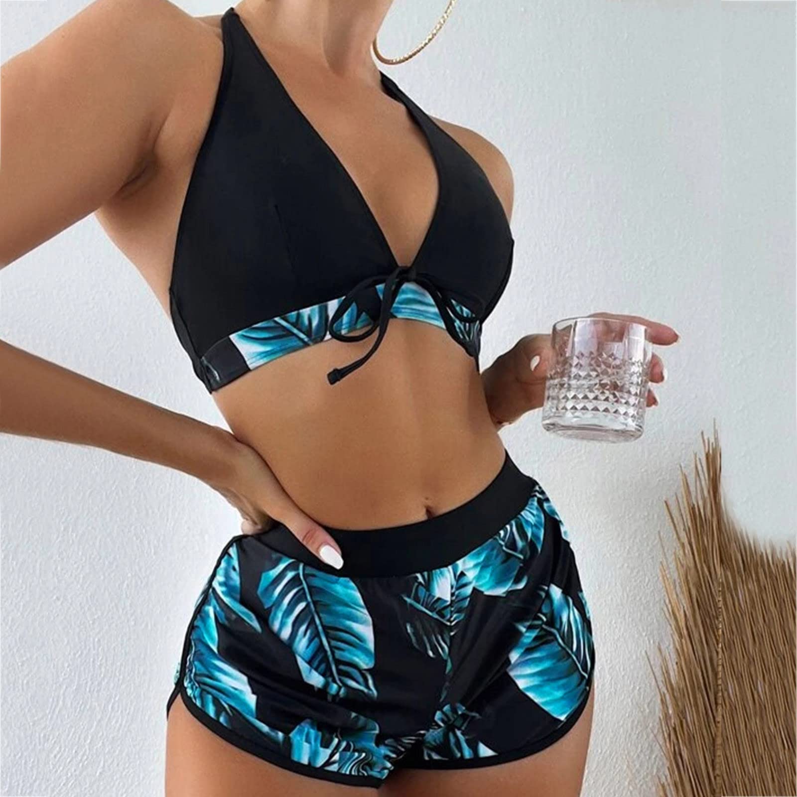 Bikini damski zestaw damski tropikalny nadruk trzyczęściowy strój kąpielowy z szortami kąpielowymi Split Push Up, złoty, XL