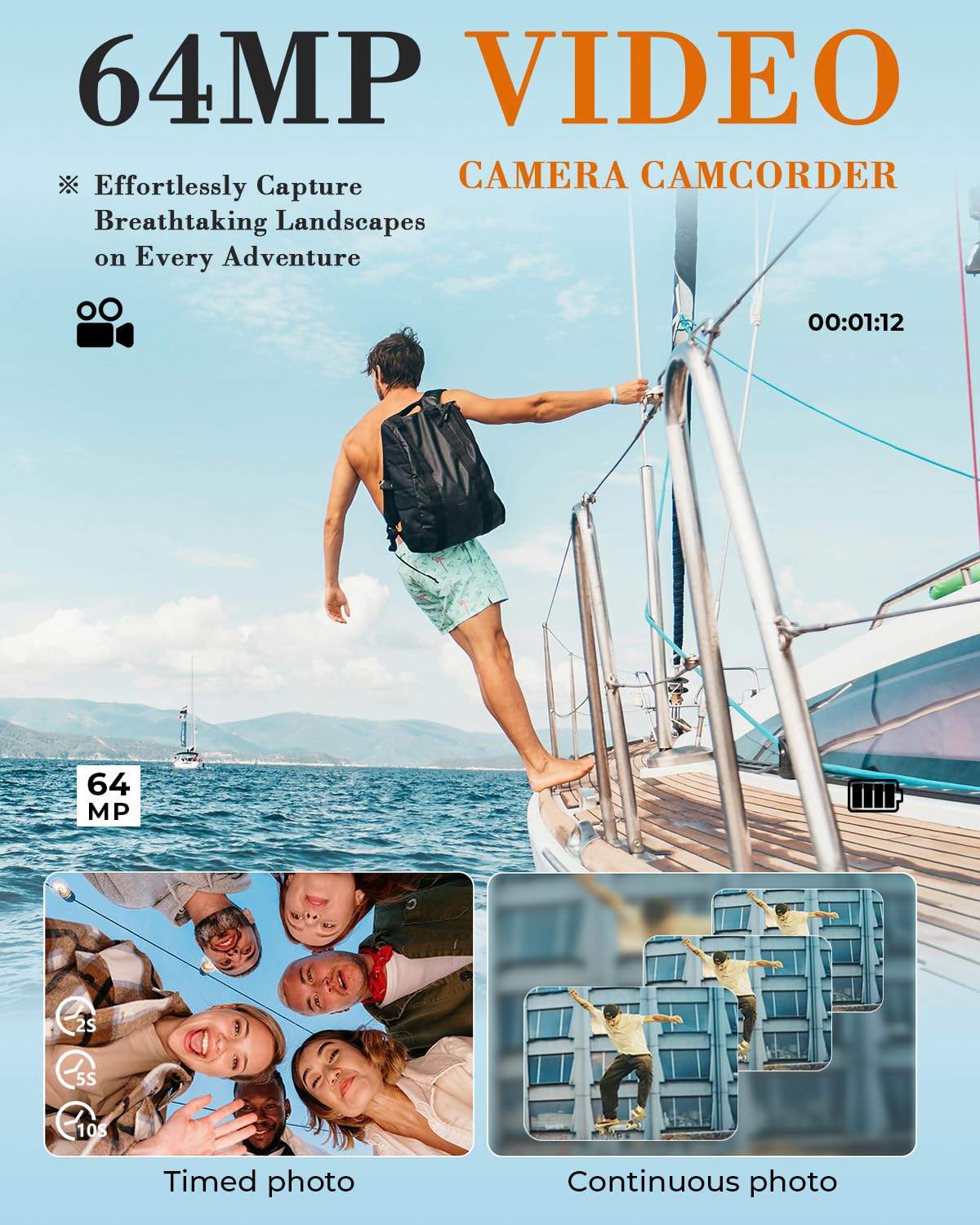 Videocamera digitale 8K 64MP 18X Videocamera per YouTube 3 pollici Flip Screen Videocamera Vlogging con scheda SD da 32 GB, telecomando 2.4G, due batterie