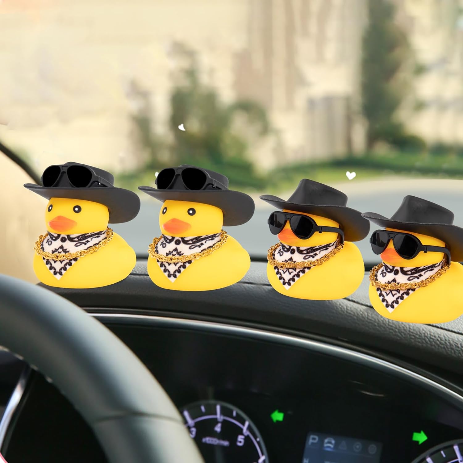 wonuu Car Cowboy Rubber Ducks, Dashboard Decorations Black Duck for Car Ornament Accessories with Hat Sunglasses Scarf Chain, 2 Pcs