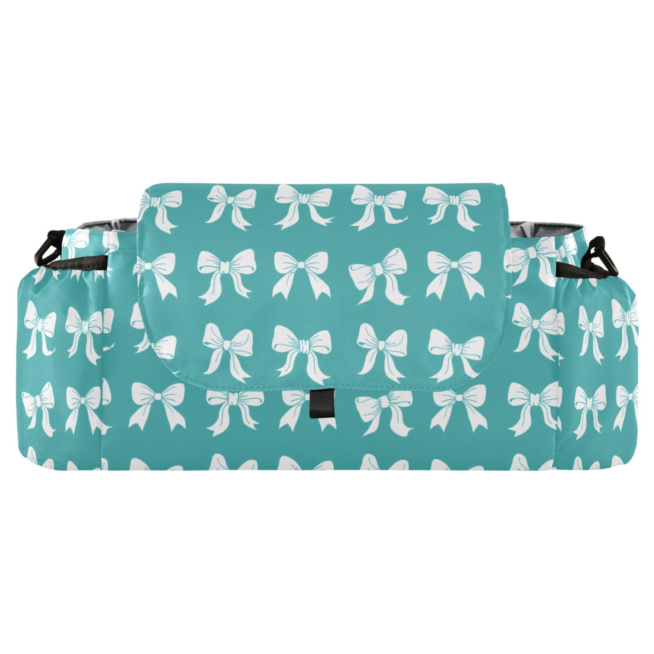 Burbuja Bows on Teal Stroller Organizer with Insulated Cup Holders, Non-Slip Stroller Caddy Universal Fits Most Strollers, Nursery Accessories