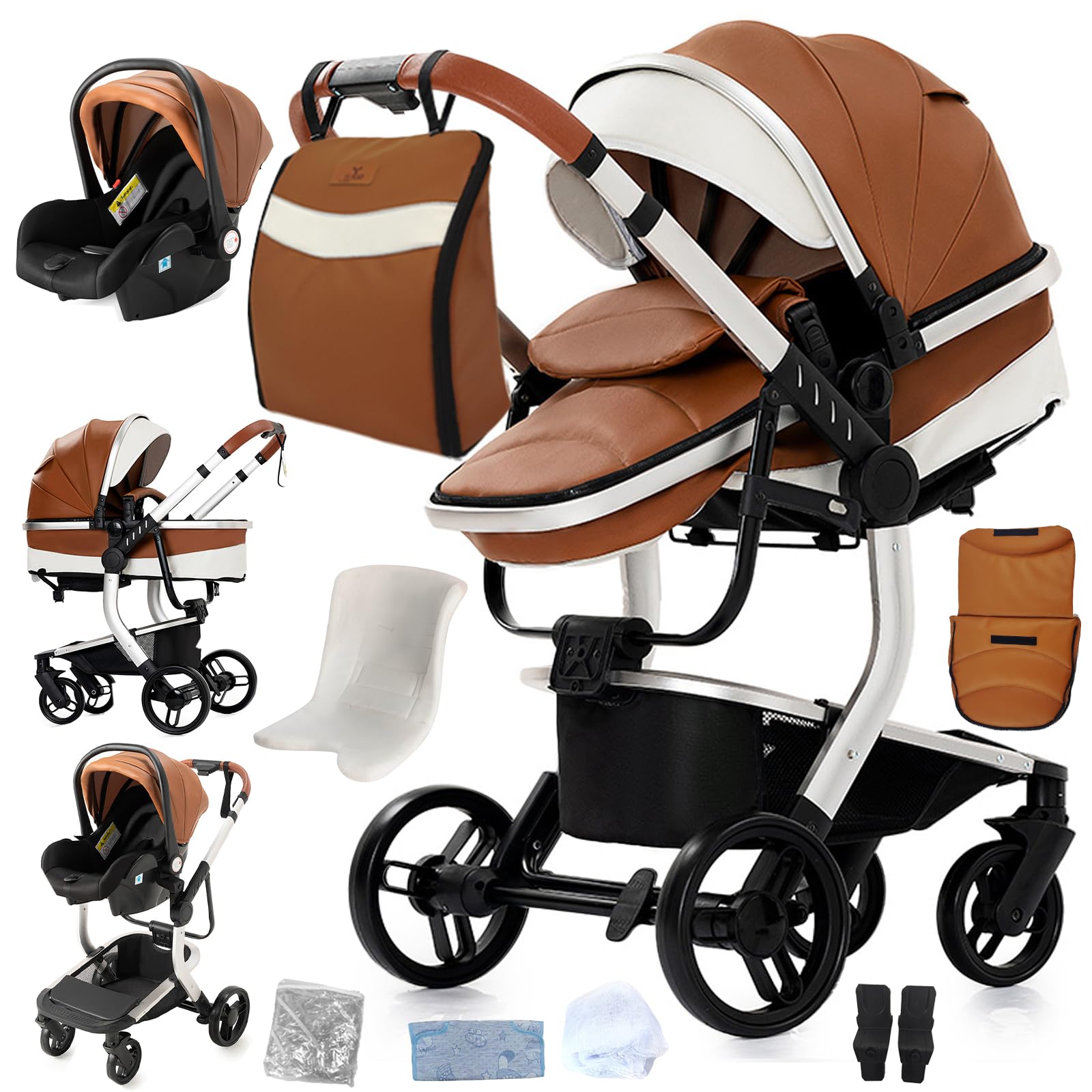 Magic ZC Pelle PU Passeggino Trio, Passeggino 3 in 1 con Spinta Reversibile a Due Vie, Trio Neonati con Accessori, Carrozzina per Neonati con Design Portatile Pieghevole Un Clic (B518 Khaki)
