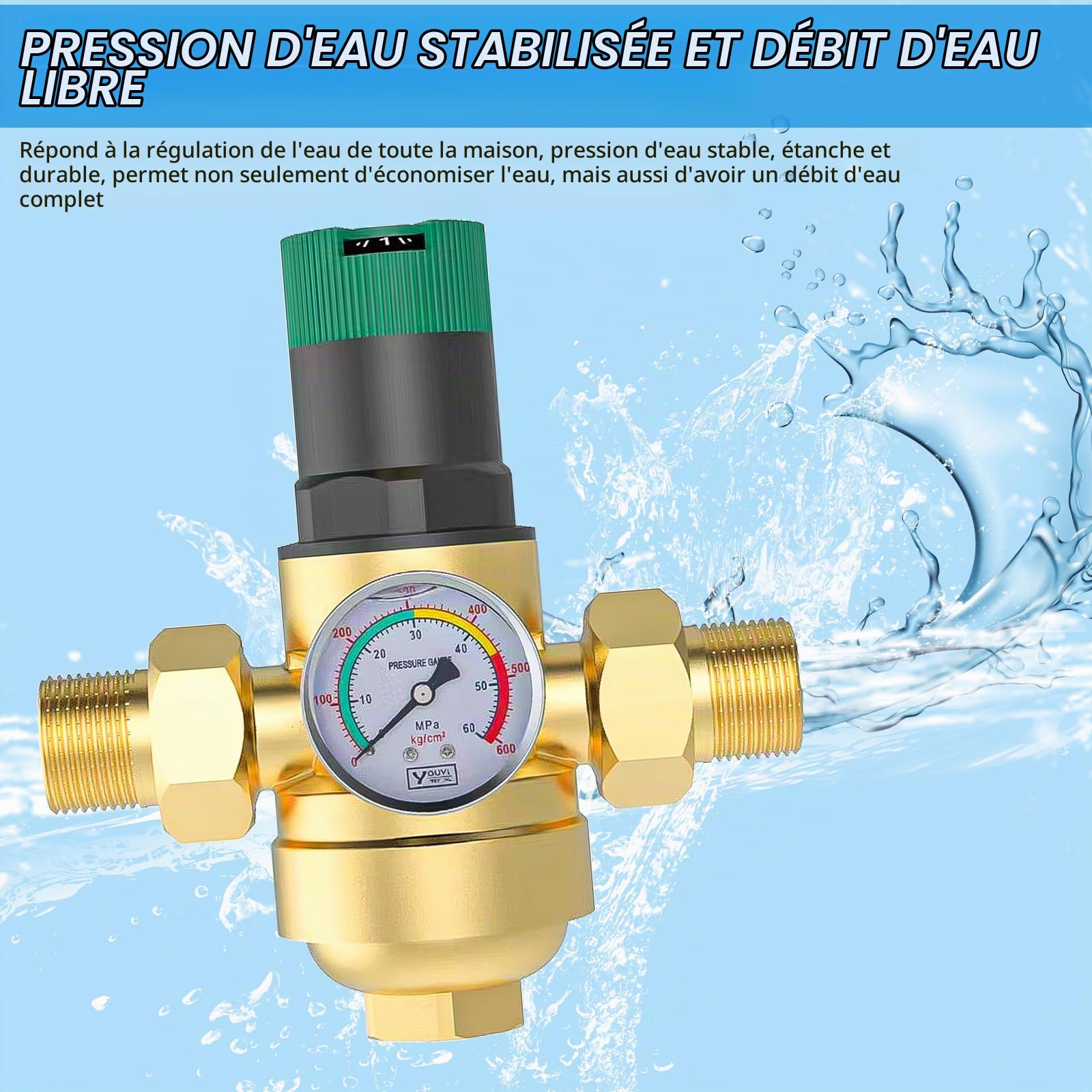 3/4 Pouce Reducteur de Pression Eau, Limiteur de Pression Avec Manometre Pression Eau Et Filtre à Mailles, RéDucteur de Pression D'Eau En pour Robinets D'Irrigation de Jardin de Chauffage au Gaz