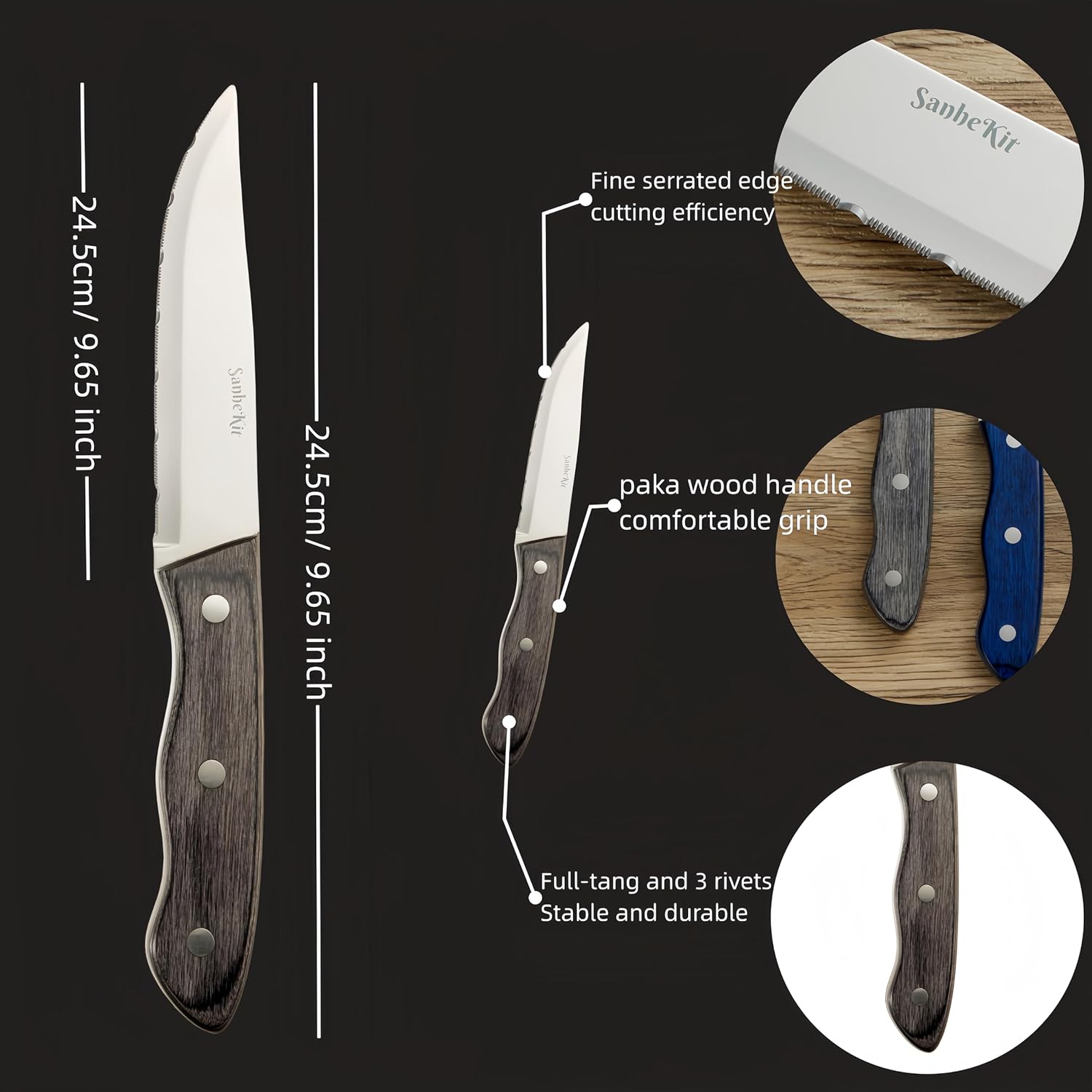 Steak Knives Set, 6/12 Piece Options, High Carbon Stainless Steel, Polishing Wood Handle,Full Tang Design,5.3" Large Size,serrated Meat Knife, Sharp Dinner Knives (12PCS SET)