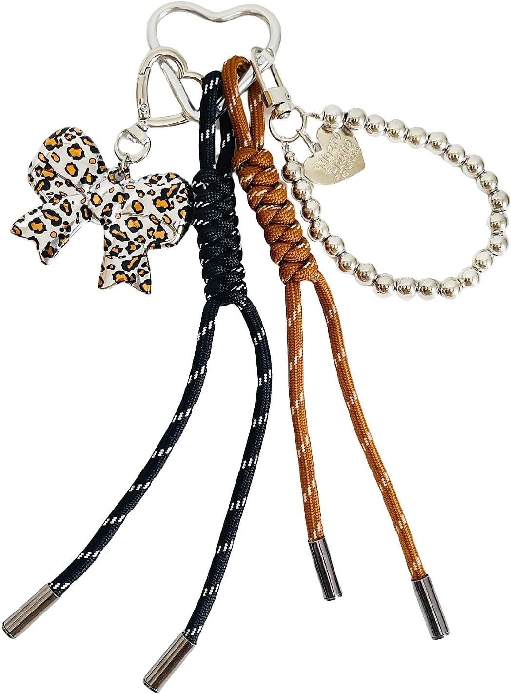 QTMY Leopard Print Bow Beaded Braided Keychain Bag Charms for Handbag Purse Backpack Accessories Bogg Bag,490