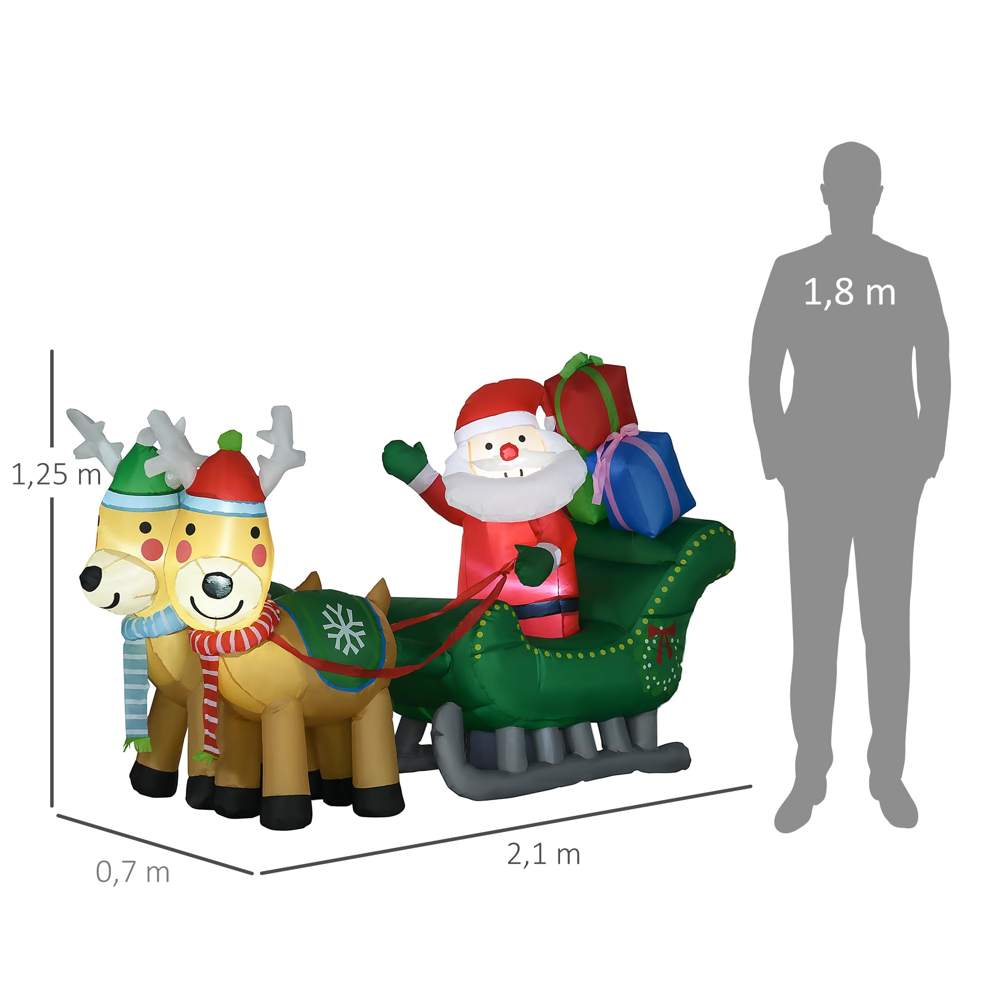 HOMCOM Decoración Inflable de Navidad Papá Noel con Trineo 210x70x125 cm | 2 Renos, Decoración Navideña, con 4 Luces LED, para Jardín Patio