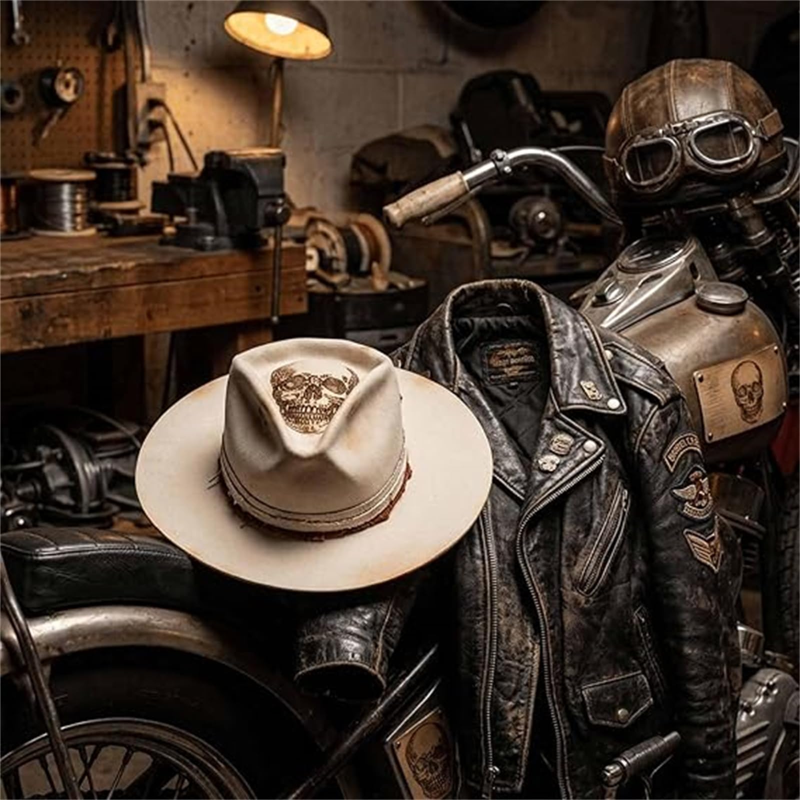 Cappello da Cowboy con Teschio Hellfire Bianco Avorio, Cappello da Cowboy Western Vintage Invecchiato con Fascia per Cappelli con Teschi per Rodeo, Concerto Country