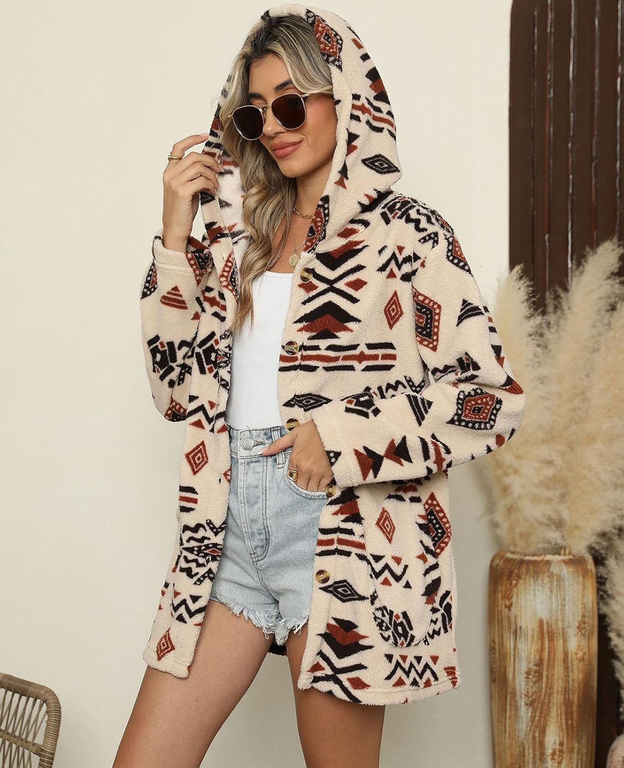 SELINK Womens Aztec Print Fleece Hoodie Jacket Button Down Shacket Casual Sherpa Coats Warm Outwear with Pockets - Image 4