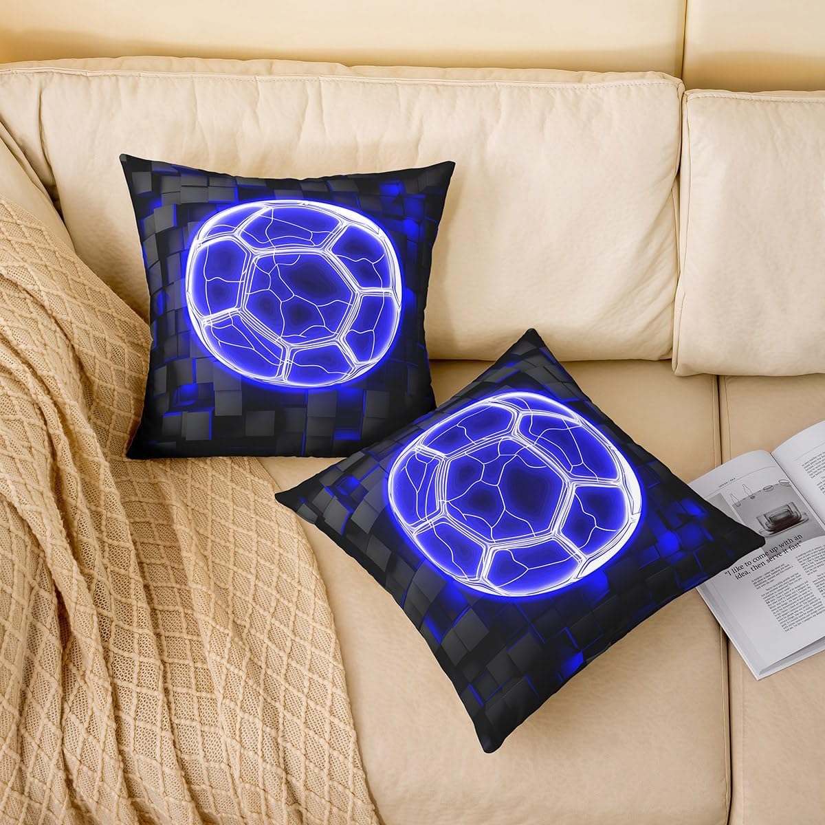 jejeloiu Blue and Black Decor Pillowcase Kids Soccer Throw Pillow Covers 22"x22" Set of 2 Soft Rugby Sports Indoor Outdoor for Room Decor Soccer Ball Game Cushion Case