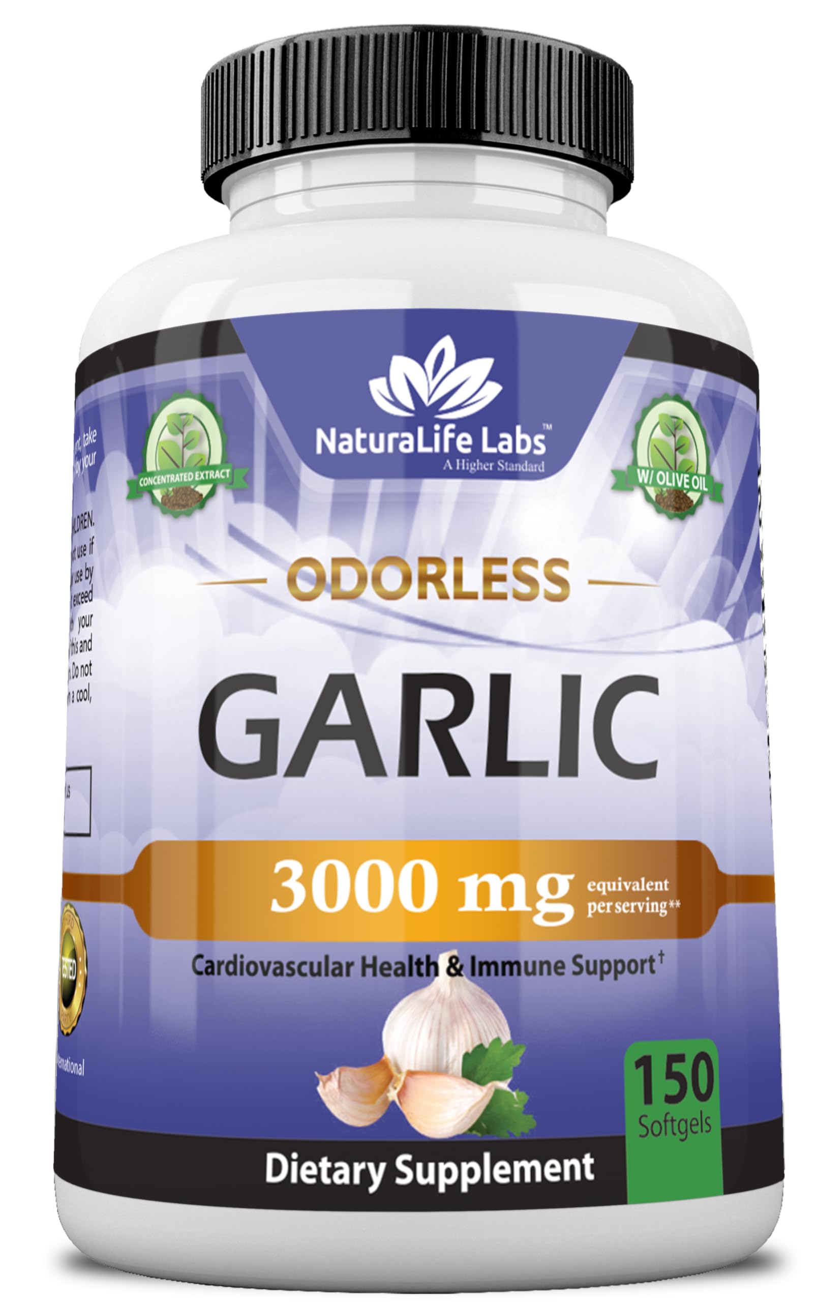 NaturaLife Labs Odorless Pure Garlic 1,500 mg per Soft Gel Maximum Strength 150 Soft gels Promotes Healthy Cholesterol Levels Immune System Support