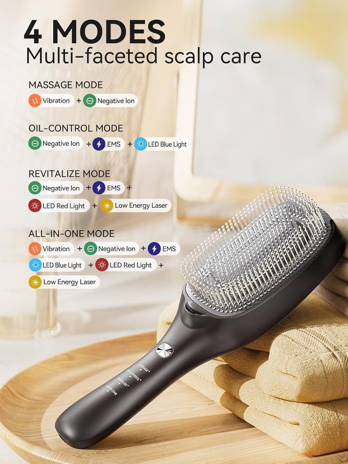 TOUCHBeauty Peine para Crecimiento del Cabello, Cepillo de Masaje 6 en 1 con Luz Roja y Azul para el Cuidado del Cuero Cabelludo, Peine Láser EMS con Iones Negativos para Alisar el Cabello, Recargable
