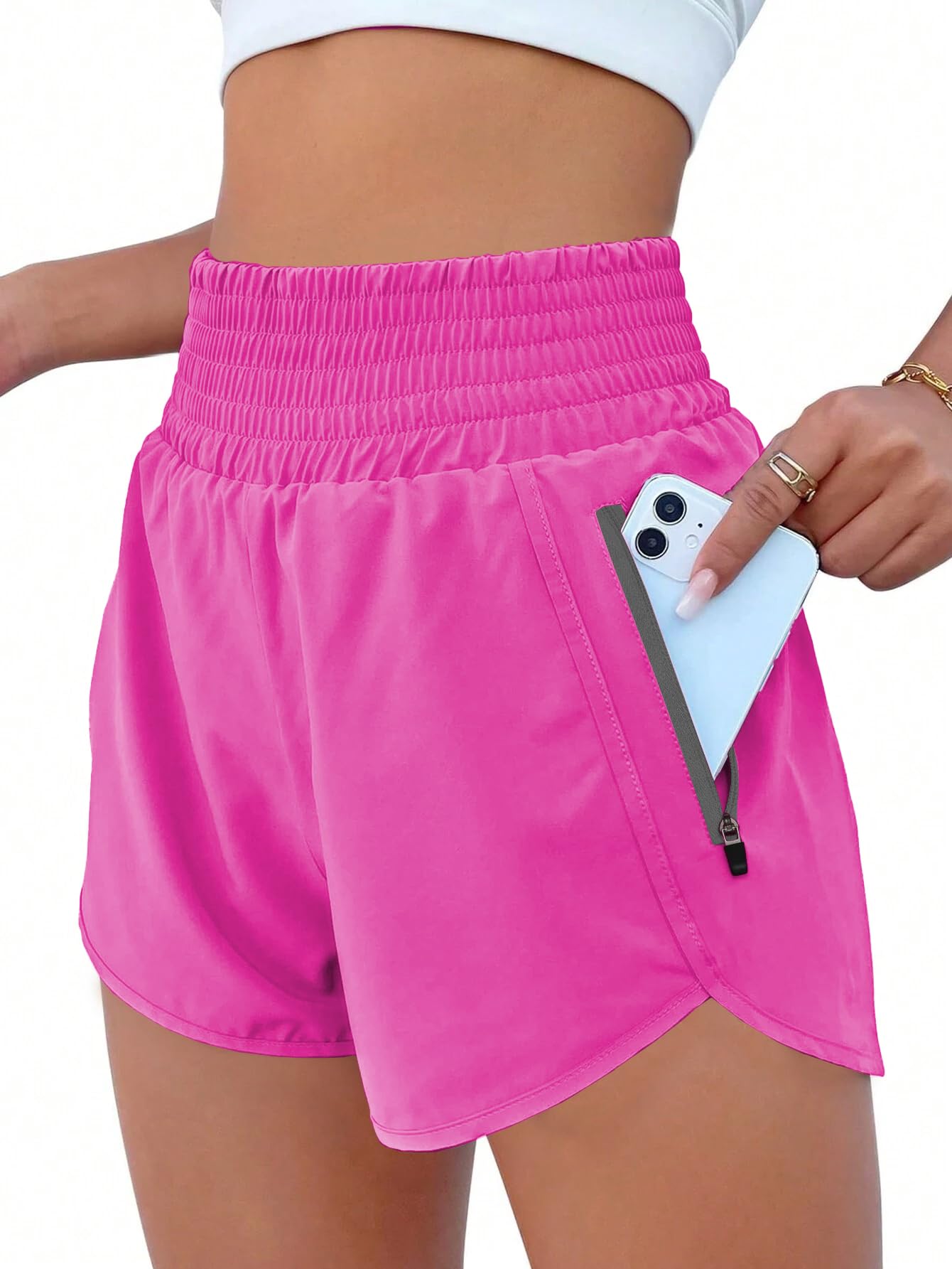 Pantalones cortos deportivos para mujer, de cintura alta, para correr, con bolsillo, elásticos, para gimnasio — view 8