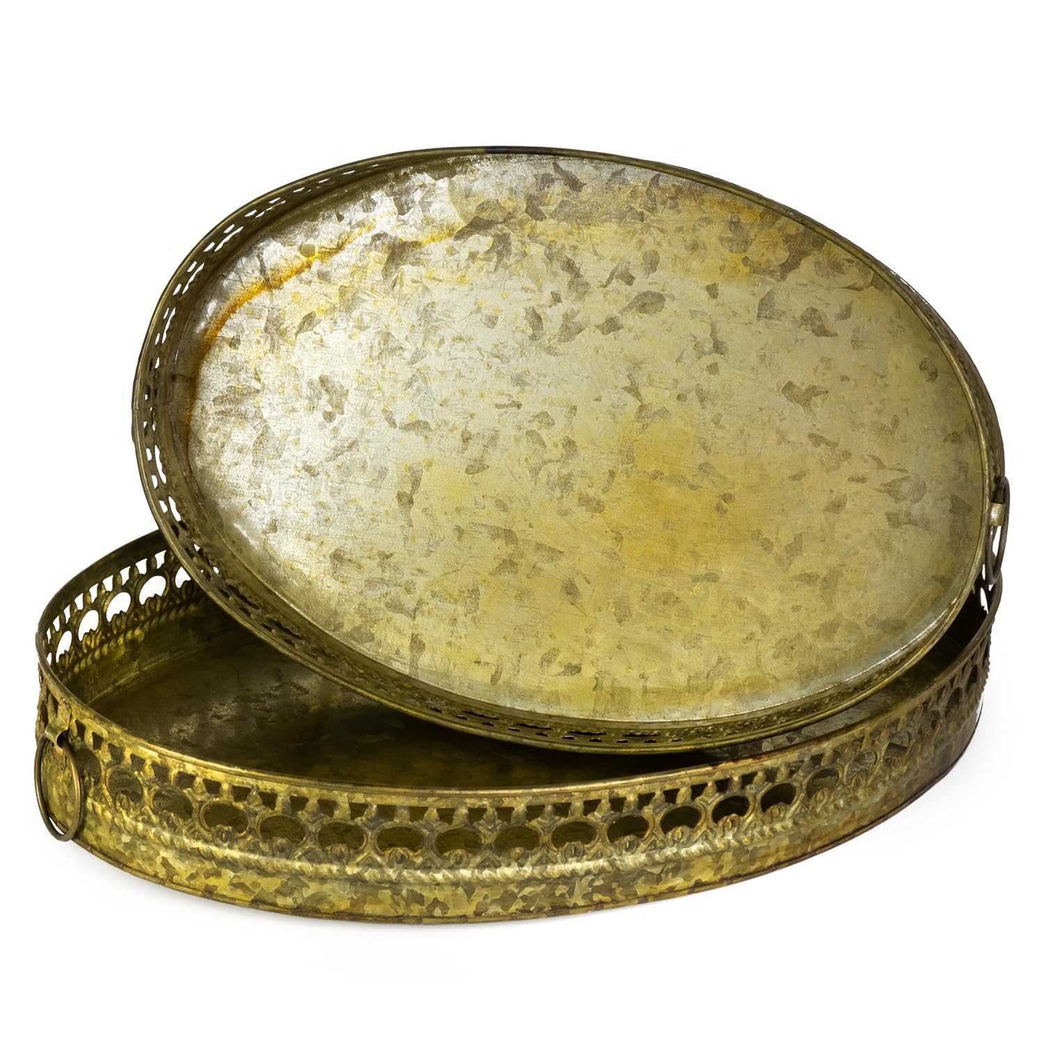Set di 2 vassoi decorativi ovali in oro antico in metallo, Ø 35/32 cm, look vintage, vassoio decorativo con manici shabby chic, per cucina, tavolo da pranzo, soggiorno