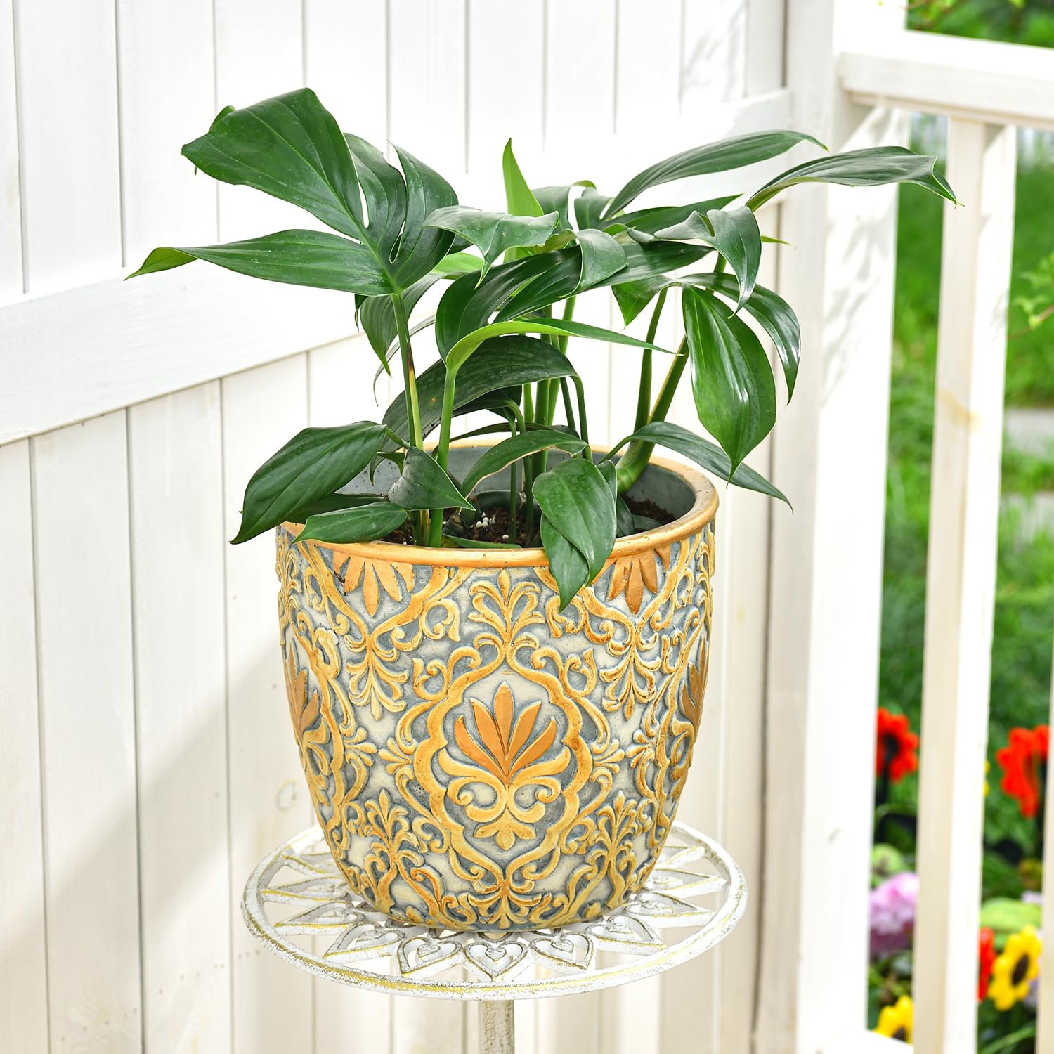 Sungmor Cement Planter Succulent Pots, Set of 2 Concrete Cactus Plant Pot with Drainage Hole, Embossed Design Flower Pot for Home Office Decor, 8 Inch & 9.8 Inch Indoor Outdoor Plants Container