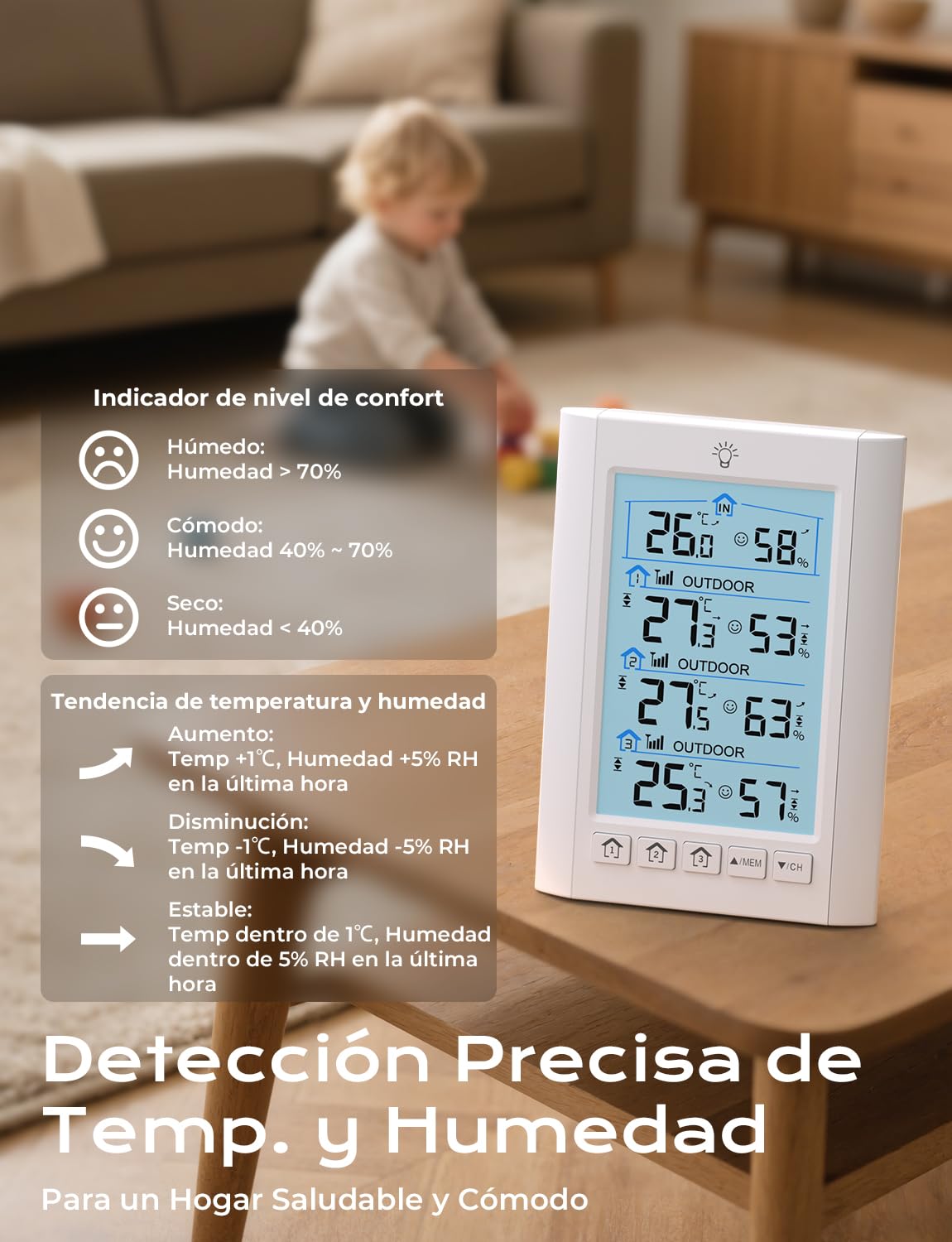 The weather station display showing comfort level indicators: Humid (humidity > 70%), Comfortable (humidity 40%-70%), and Dry (humidity < 40%).