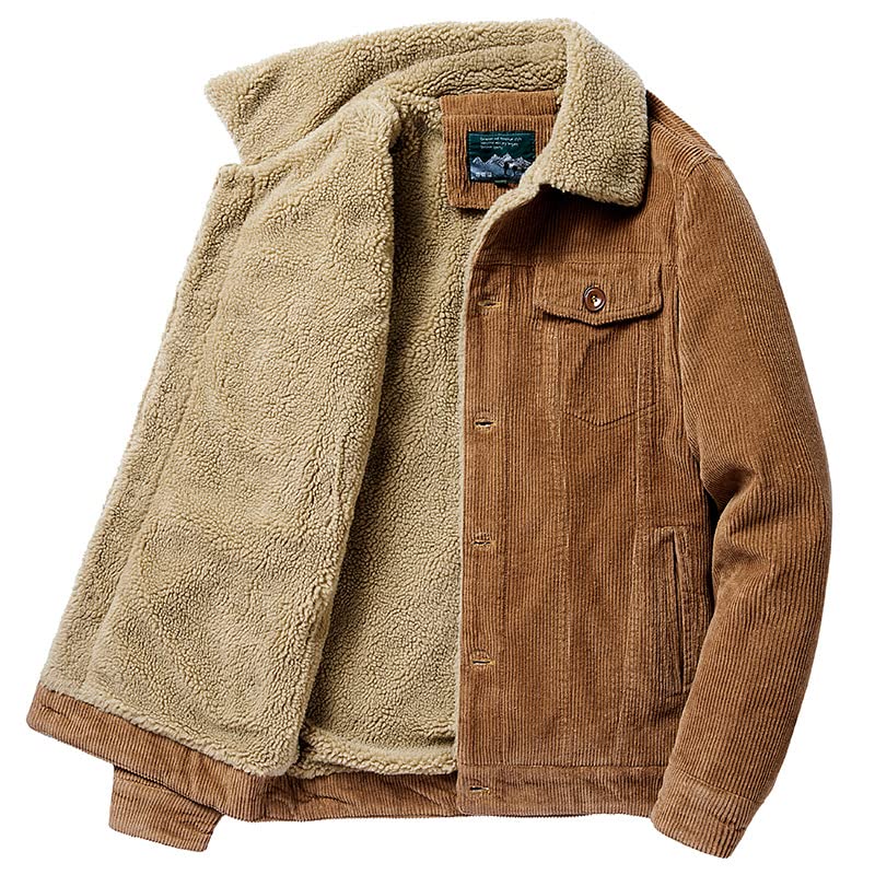 Mens Corduroy Sherpa Lined Trucker Jacket Thickened Warm Winter Coats Lapel Collar2
