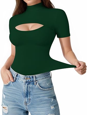ALGALAROUND Short Long Sleeve Shirts for Women Basic Mock Turtle Neck Cut Out Tops Going Out T-Shirt Tee
