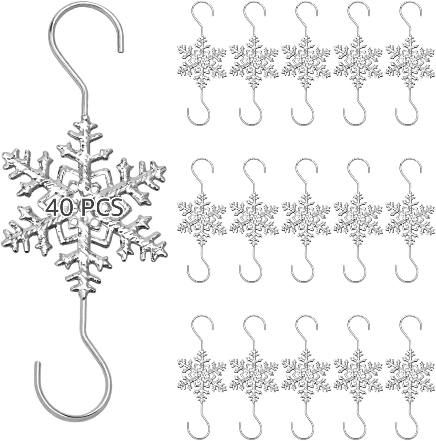 Set of 40 Silver S Hooks with Snowflake Pattern for Christmas Tree Ornaments, Anti-Rust Metal Hangers
