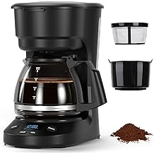 Electactic 5-Cup Drip Coffee Maker, a compact coffee machine with a digital clock and 24-hour programmable timer, featuring Auto Shut-Off, and a Removable Filter Basket for Home &amp; Office-Deep Black