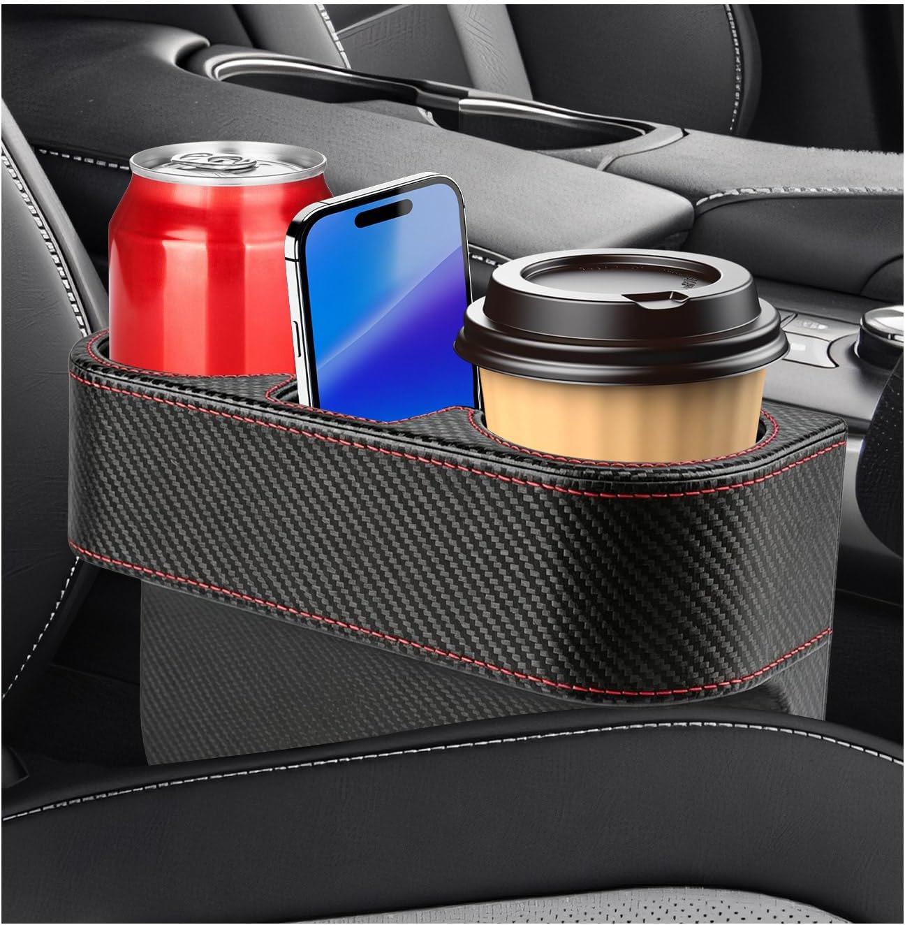 Car Cup Holder Gap Filler Organizer, Multifunctional Car Console Side Organizer with 2 Cup Holders, Leather Seat Gap Filler Portable Drink Holders Storage Box for Most Vehicles (Gray)