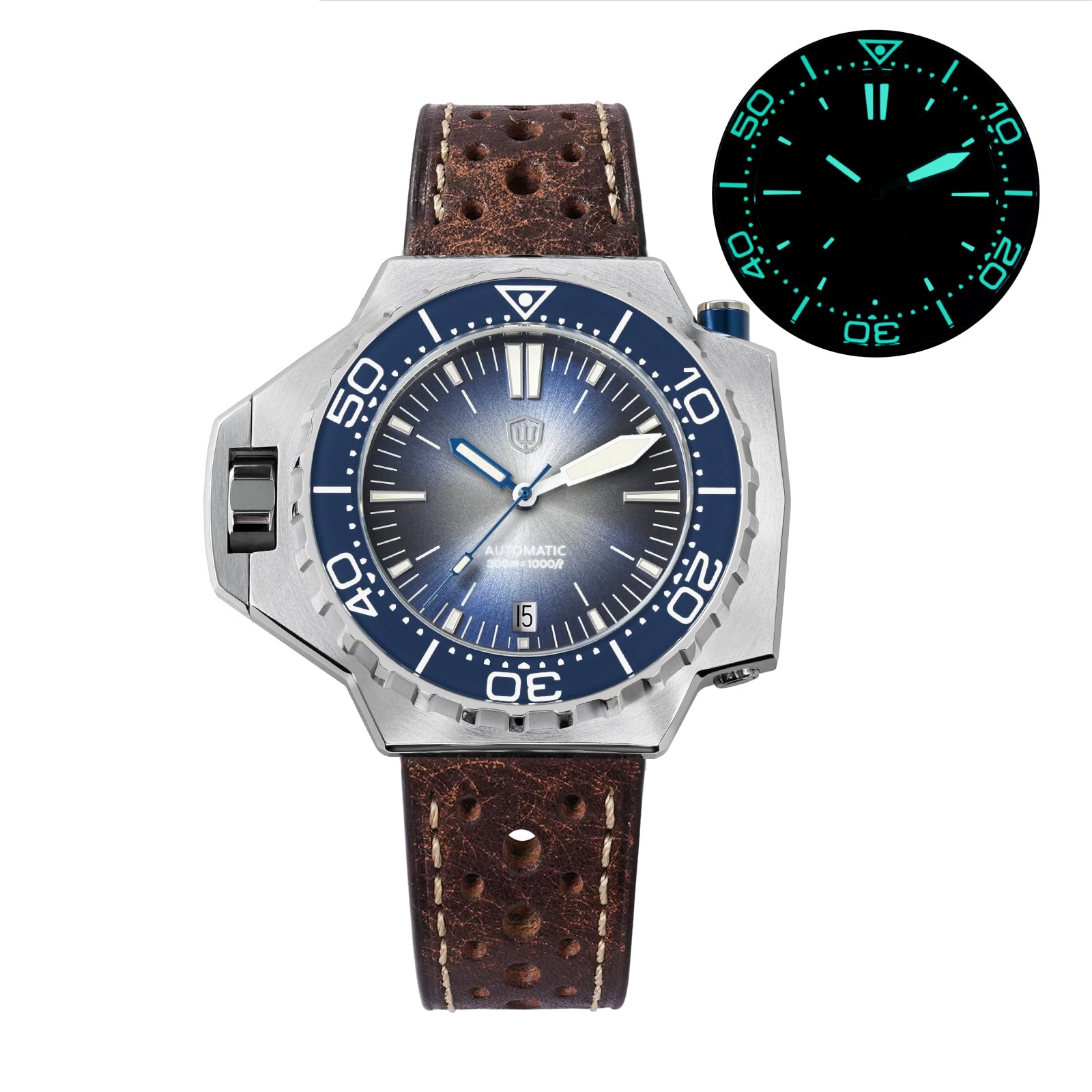 watchdives WD1968 - Orologio subacqueo da uomo, PT5000 PT5004, automatico, 49,8 mm, vetro zaffiro, BGW9, luce blu, impermeabile, con cinturino in pelle