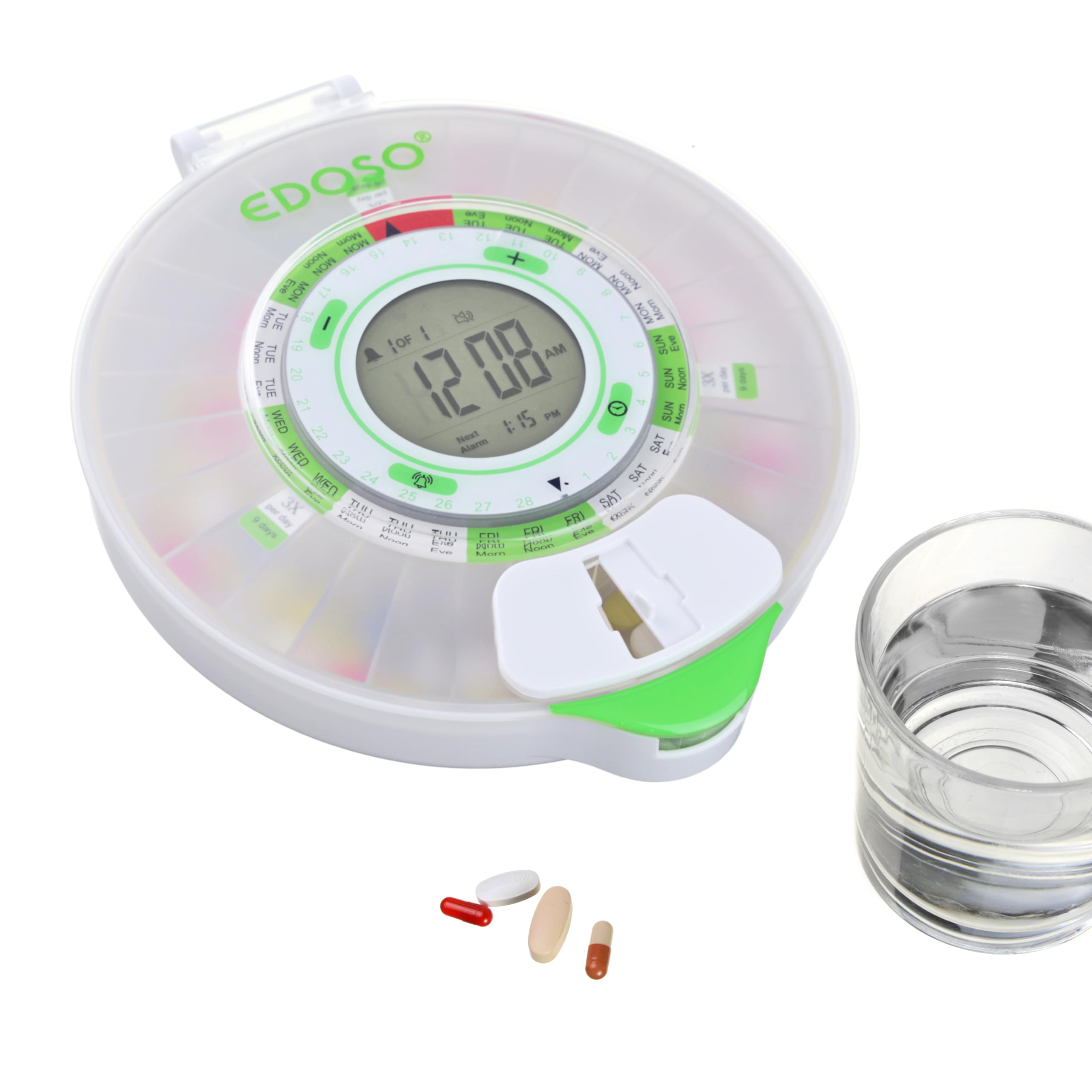 Pastillero electrónico inteligente automático con alarma | Modelo 2021 | 9 alarmas al día | Pantalla grande y botones | Anillos franceses | 2 cierres seguros (Mate)