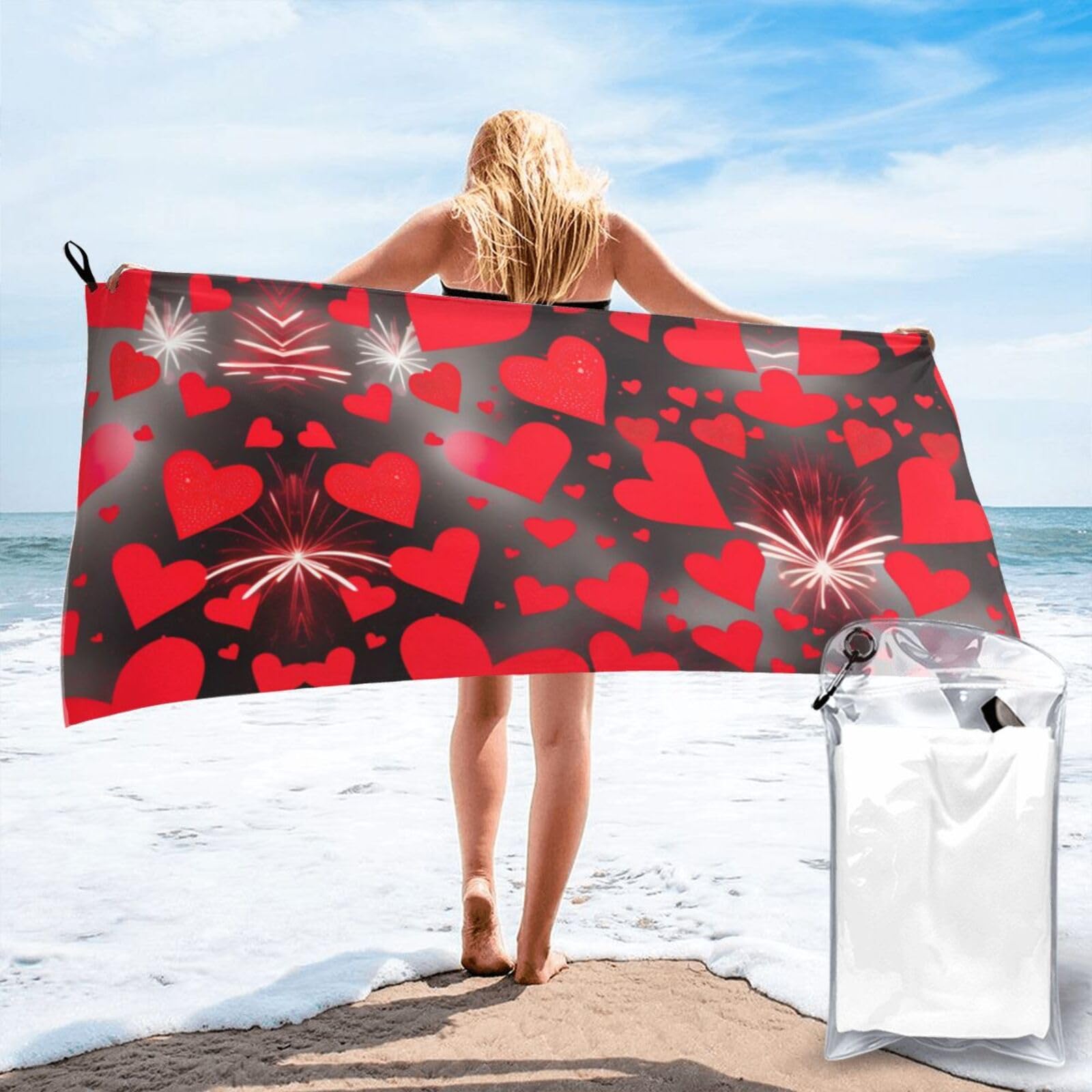 DIEzig Red Hearts Firework Print Beach Towel Fast Dry Thin For Holiday Vacation Cruise Gym Swimmers