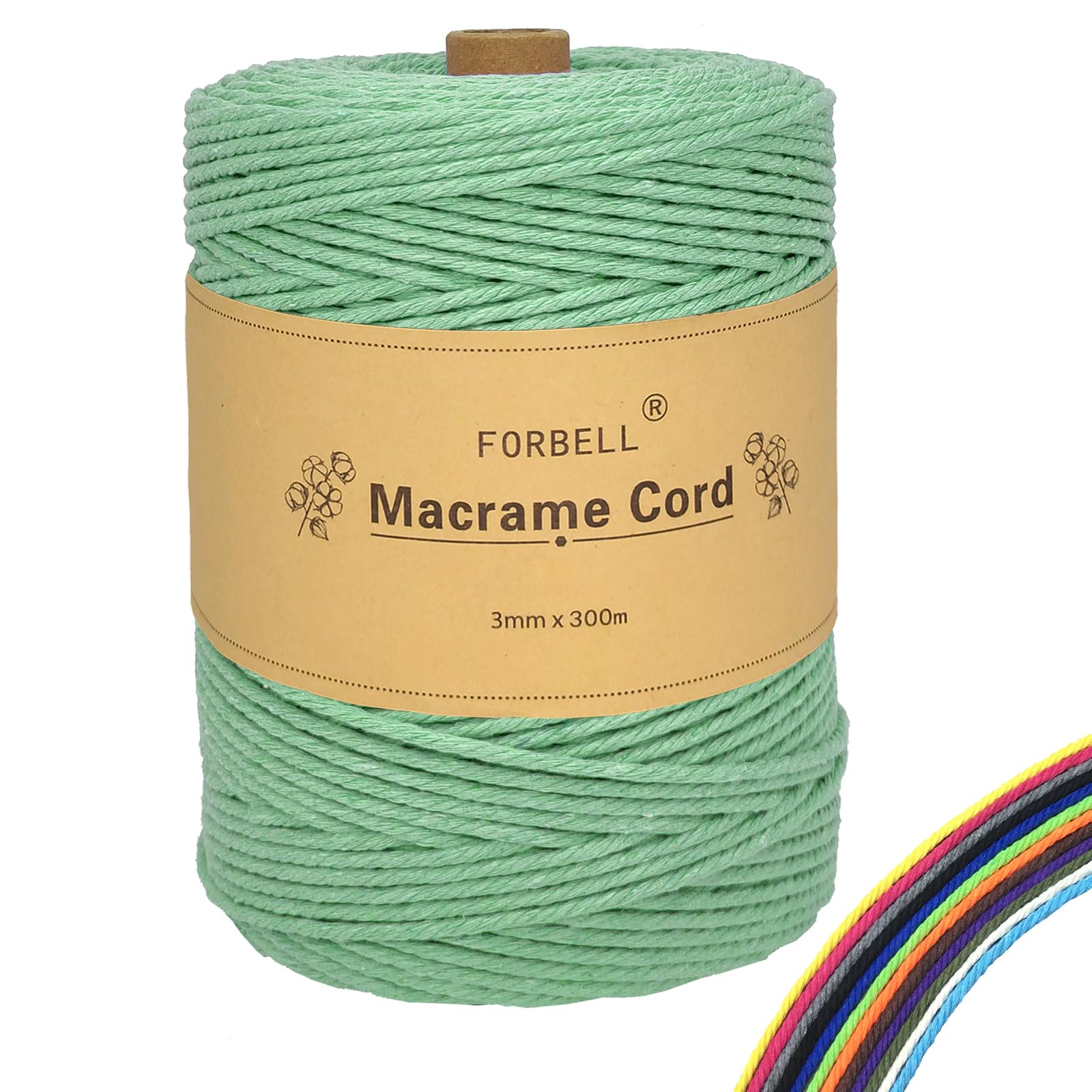 FORBELL Macrame Yarn, 2 mm x 300 m Premium Cotton Yarn, DIY Crafts (Bean Green, 3 mm x 300 m)