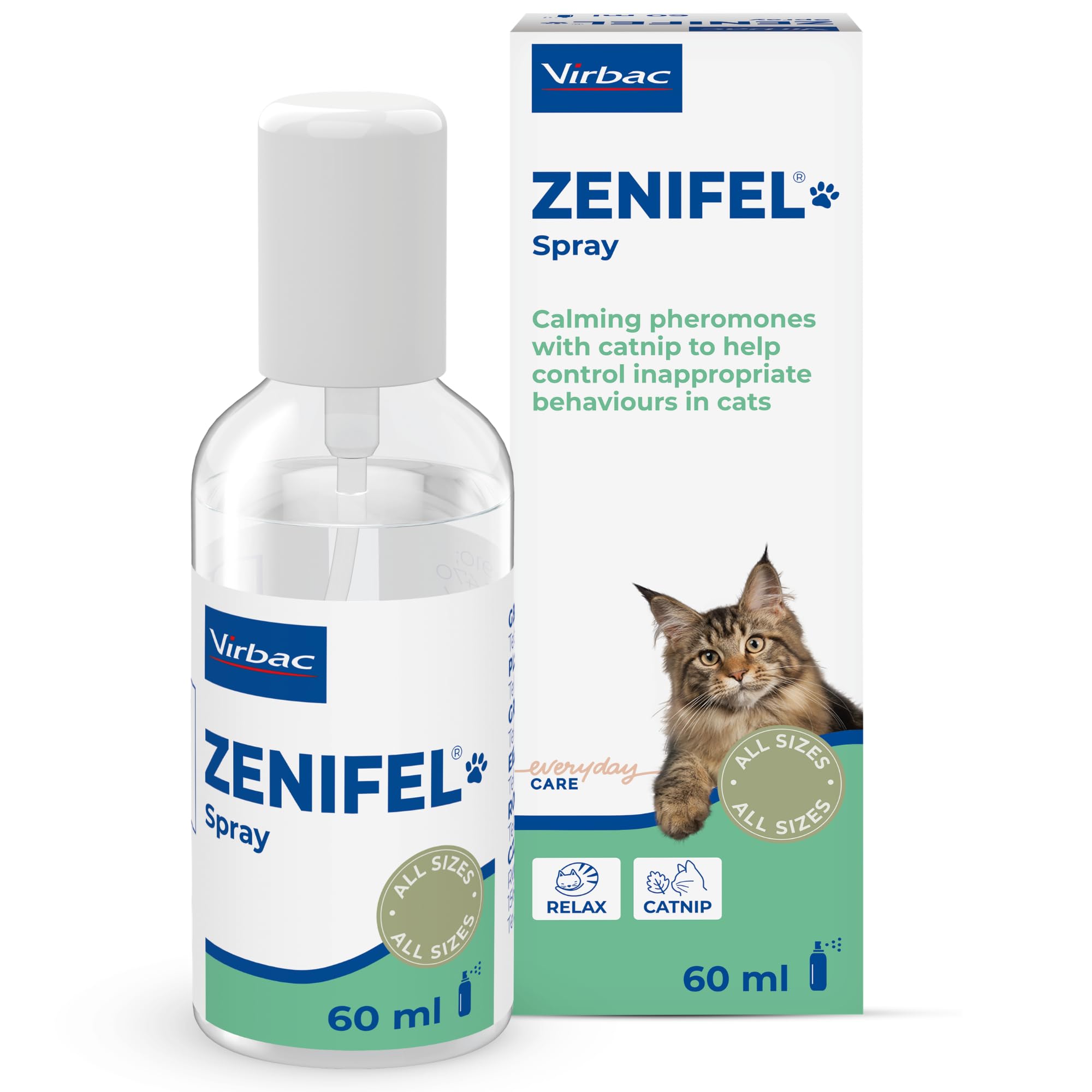 Virbac Zenifel Spray feromonas para Gatos - Antiestrés con feromonas y Catnip - Spray Relajante de acción rápida - 60ml