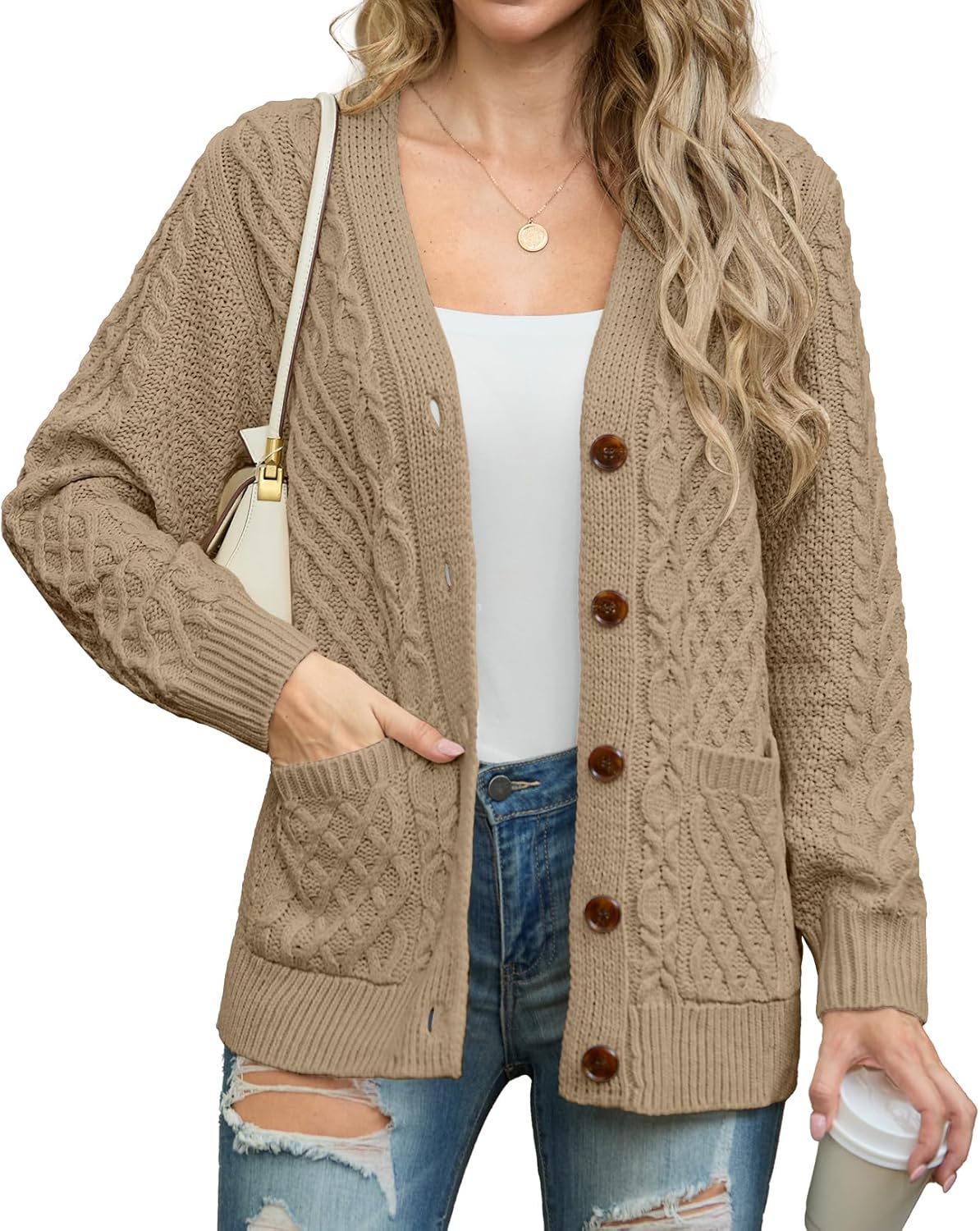 GRECERELLE Women 2025 Fall Long Sleeve Cable Knit Sweater Button Open Front Cardigan Loose Outerwear Coat with Pockets