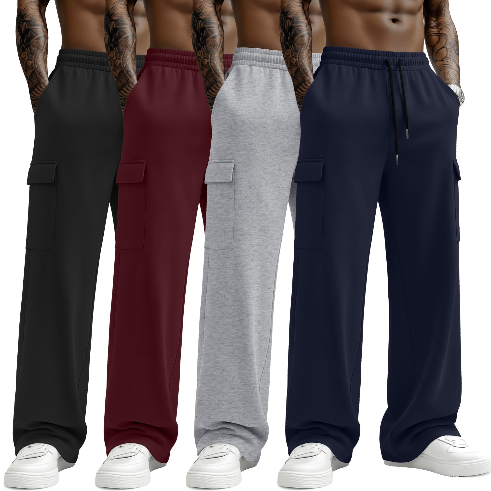 4 Pack Mens Big and Tall Lightweight Cargo Sweatpants Baggy Wide Leg Pants Open Bottom Joggers with Pockets