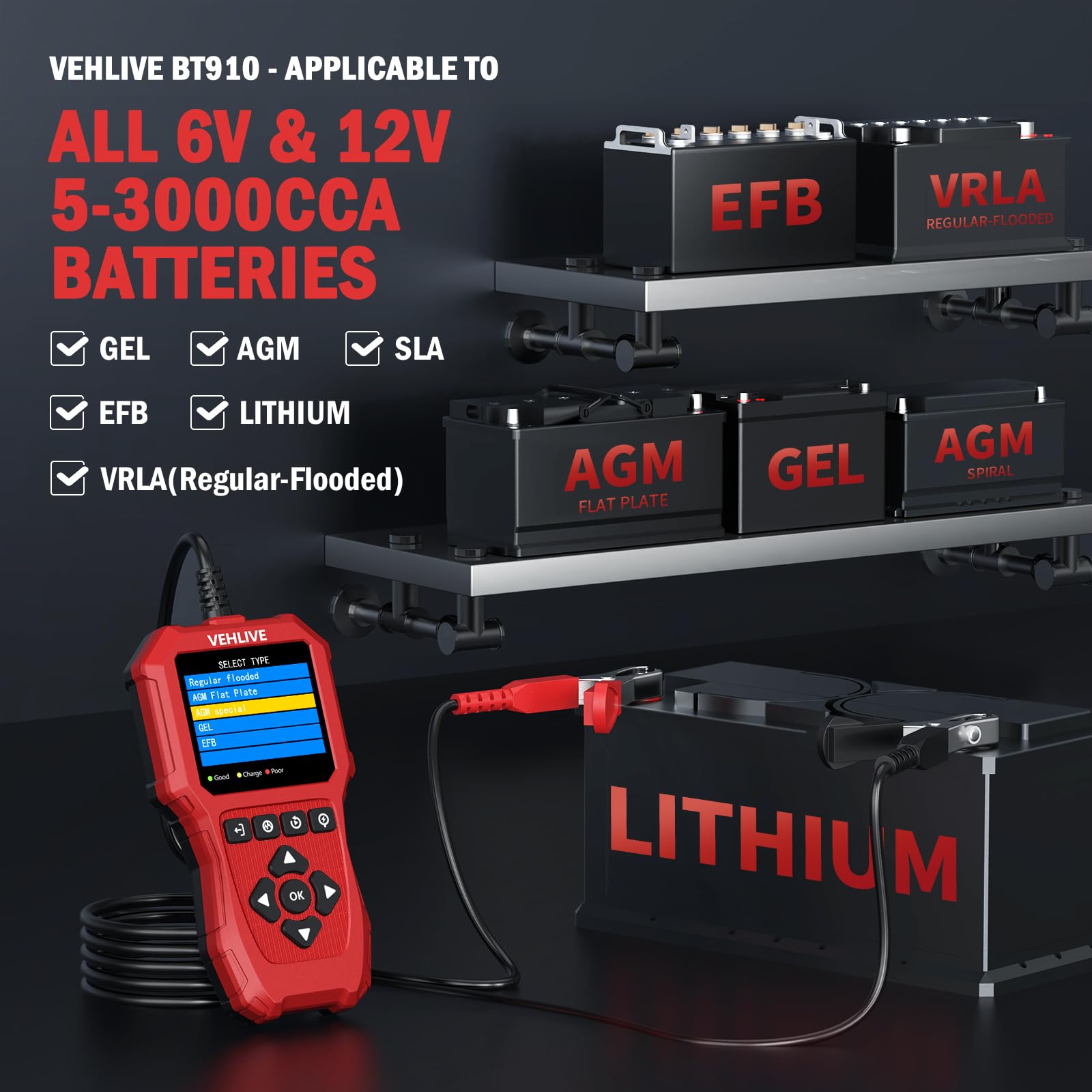 BT910 5-3000CCA Comprobador de batería para coche 6V/12V con probador de batería de litio, probador alternador automático para sistemas de carga y arranque
