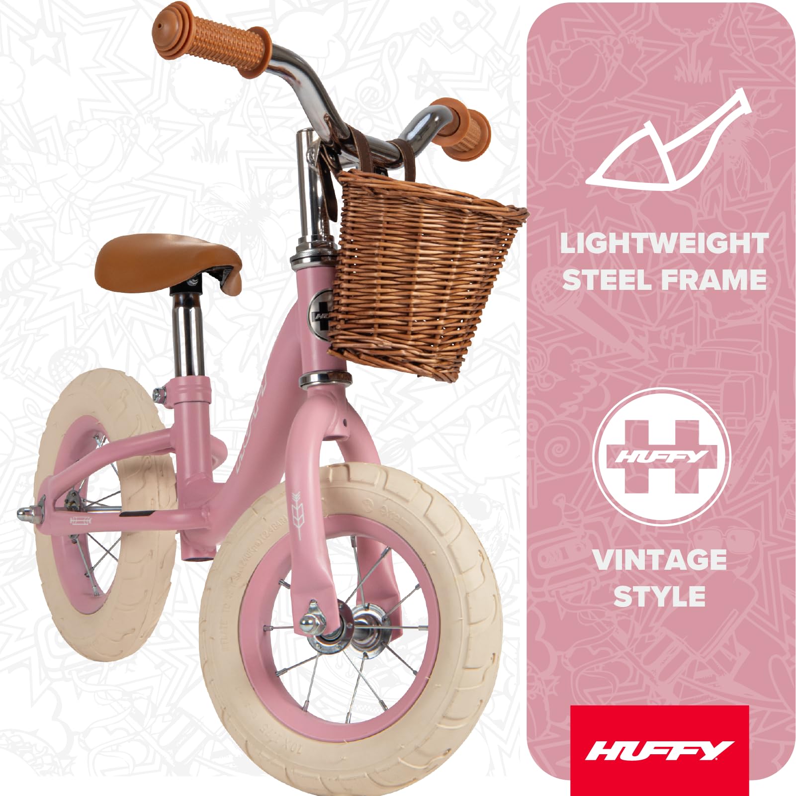 Huffy Retro dziecięcy rower biegowy w stylu vintage, koła 10", regulowane siedzisko i kierownica, kosz dla dzieci od 2 lat, różowy